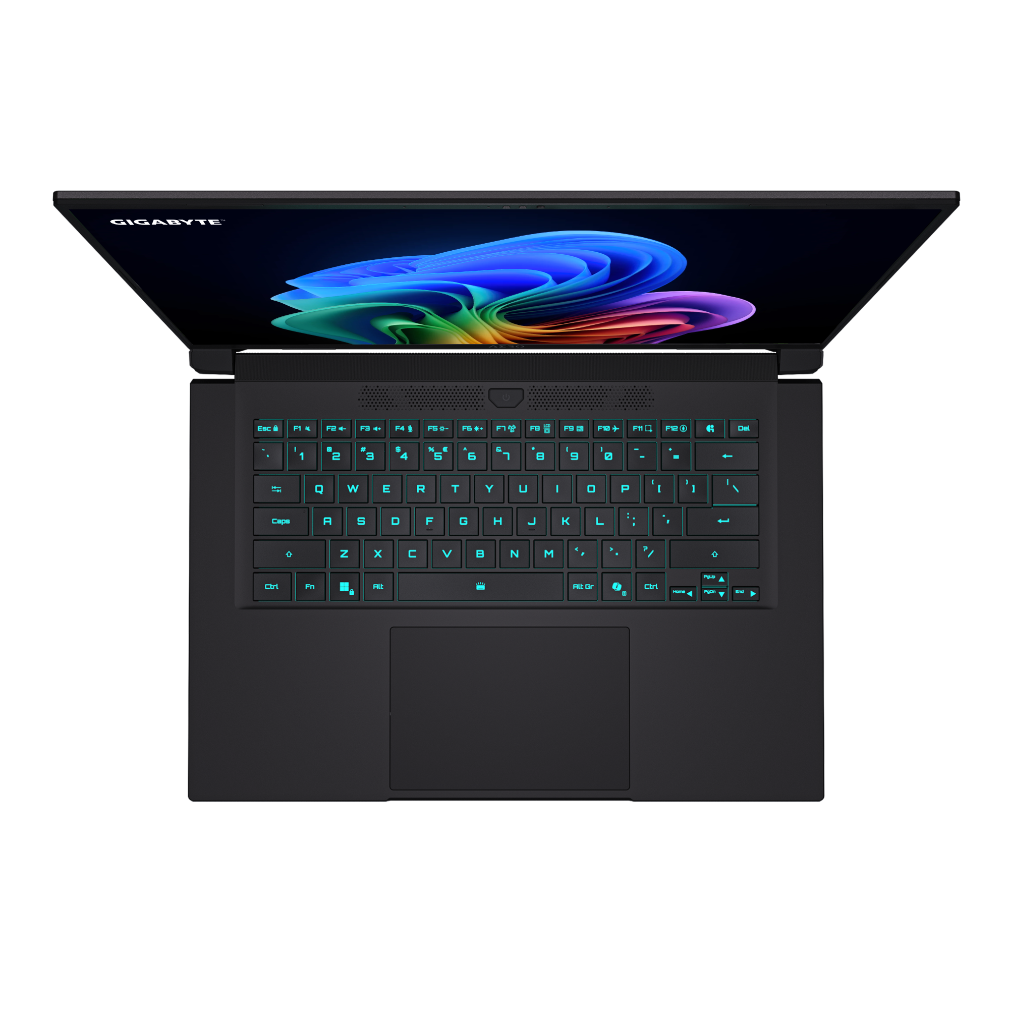 Ein offener schwarzer Laptop zeigt ein farbenfrohes abstraktes Bild. Die Tastatur ist mit türkisfarbenem Licht beleuchtet.