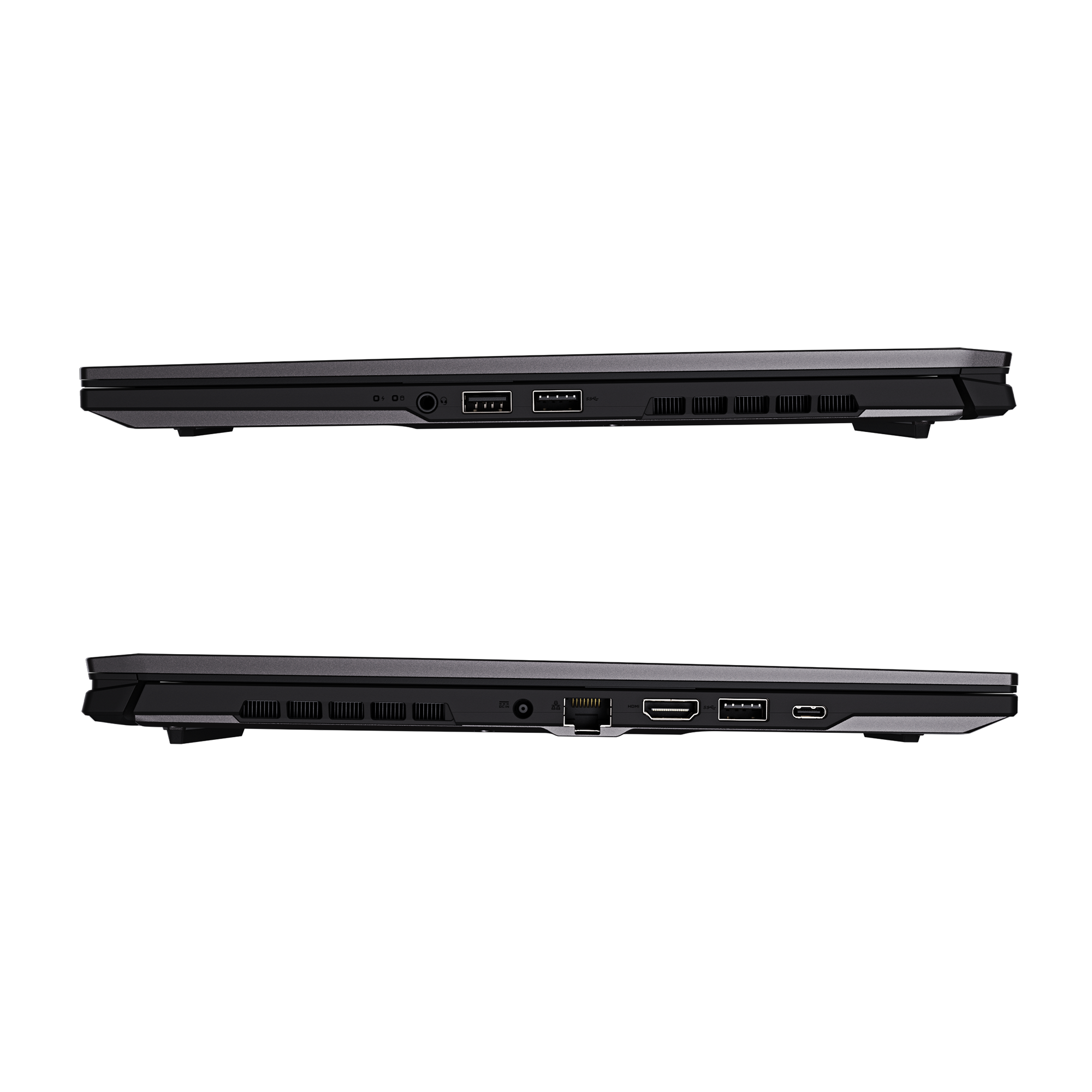 Seitenansichten eines schwarzen Laptops mit Anschlüssen und Lüftungsschlitzen. Oben: USB, Audio und Strom. Unten: HDMI, Ethernet und USB.