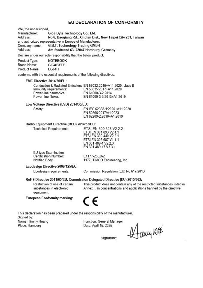 EU-Konformitätserklärung. Text enthält Produktinformationen, Richtlinien und eine Unterschrift.