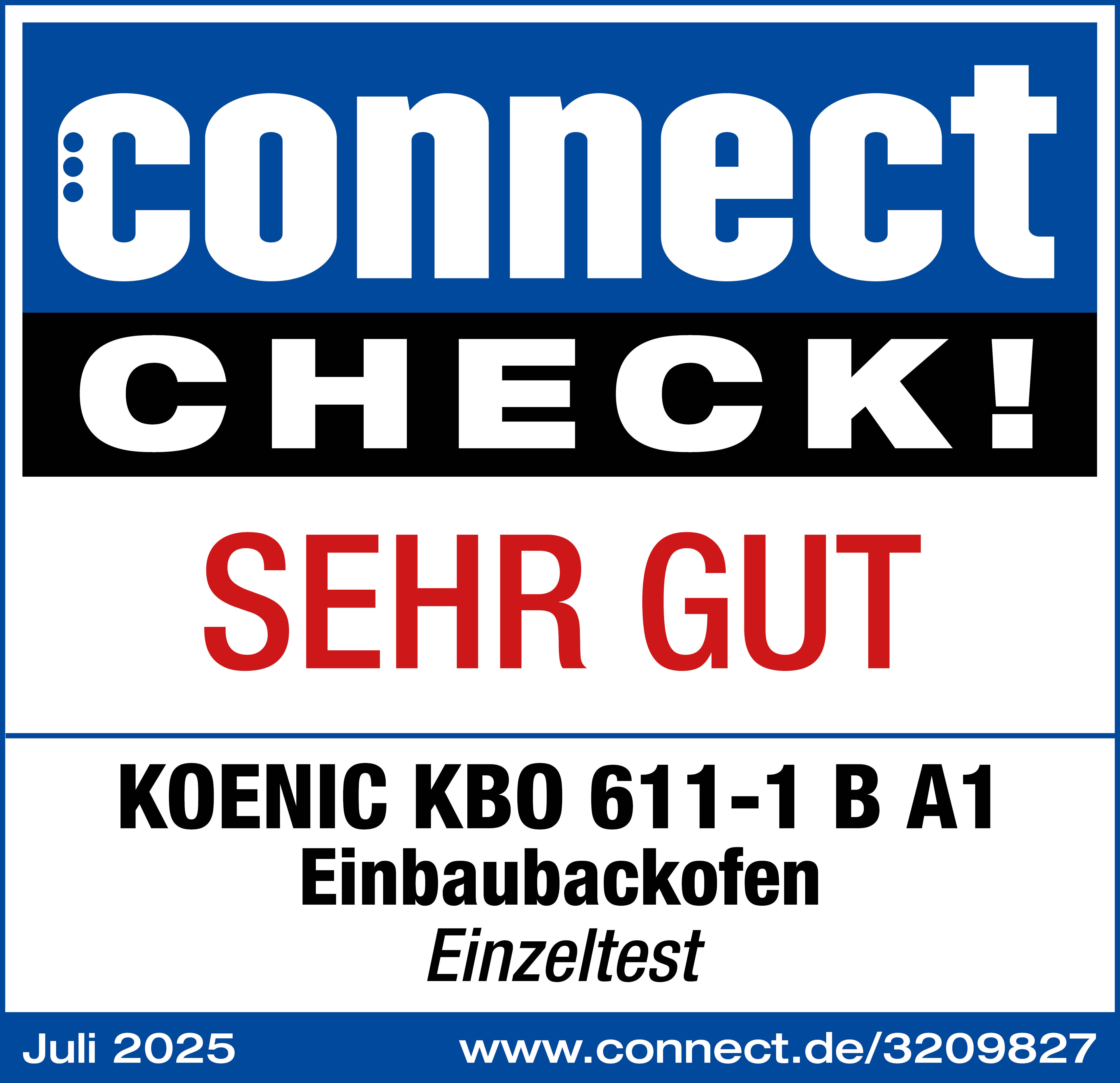 Blau-weiße Grafik mit 'connect CHECK!' und 'SEHR GUT'. Darunter Text über einen KBO-Backofen und eine Website-Adresse.