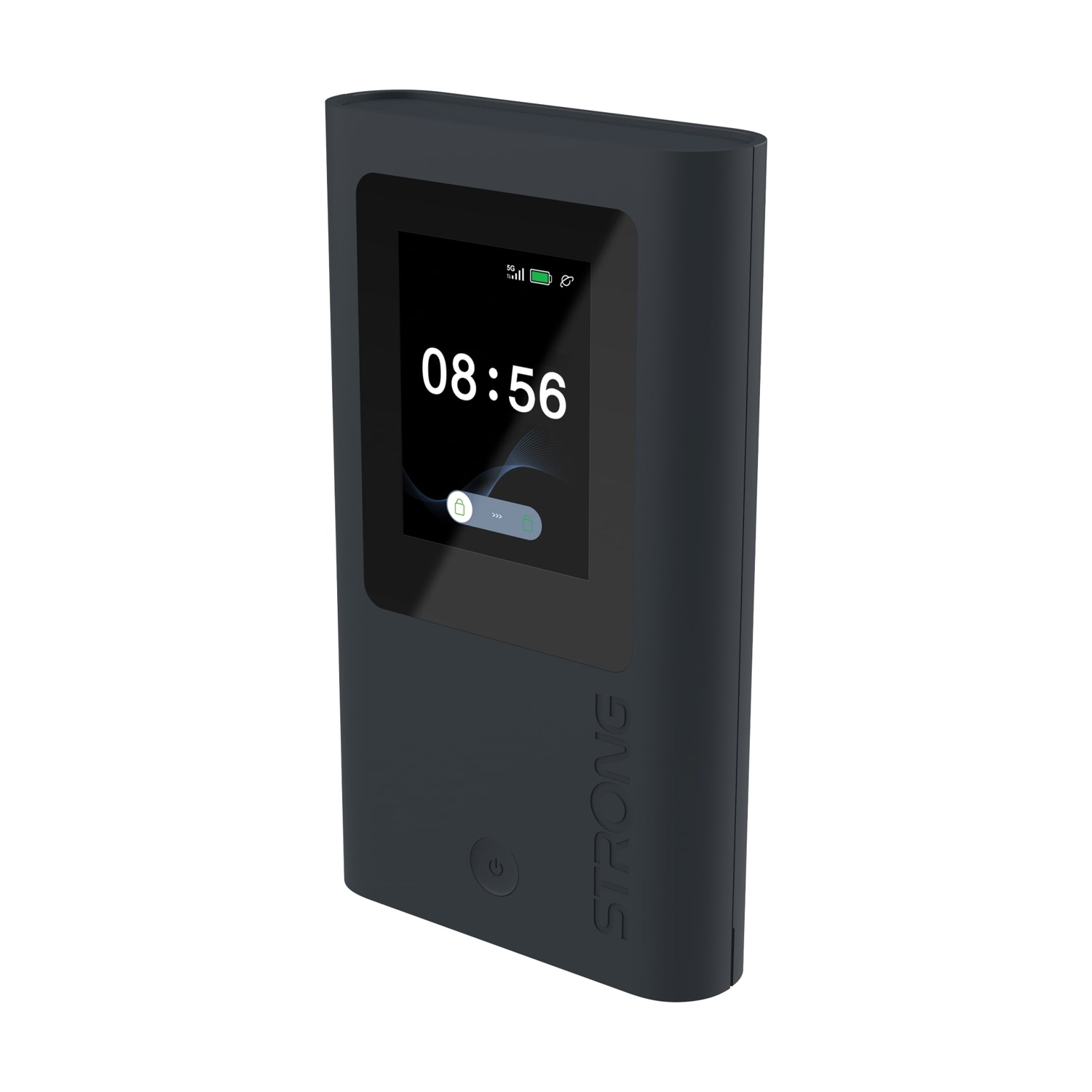 Dispositivo portatile grigio scuro con schermo che mostra 08:56. Ha un pulsante di accensione e la scritta STRONG.