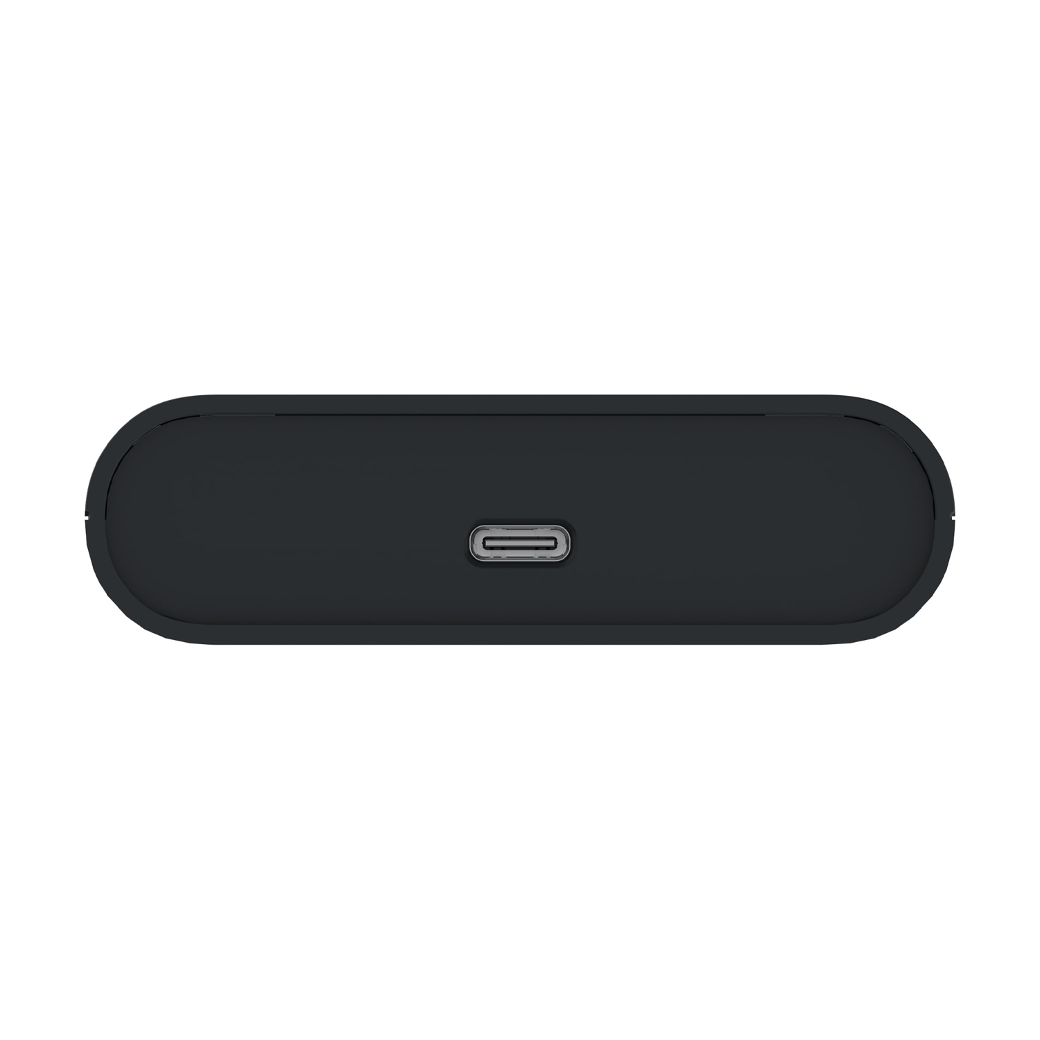 Primo piano di un dispositivo nero rettangolare con bordi arrotondati. Una porta USB-C è visibile al centro.