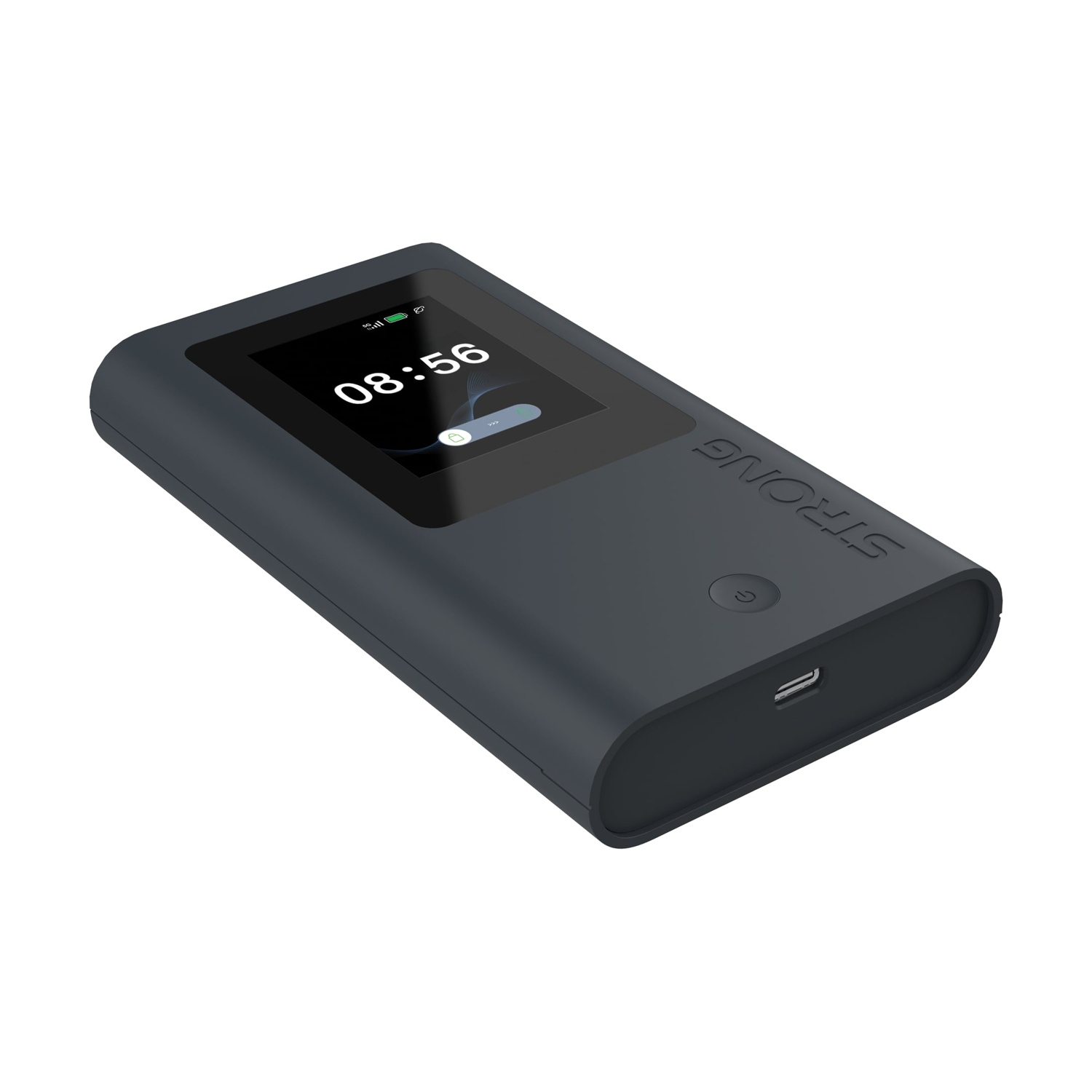 Un dispositivo portatile grigio scuro che mostra 08:56 sullo schermo. La parola "STRONG" è visibile. Sono presenti un pulsante di accensione e una porta USB.