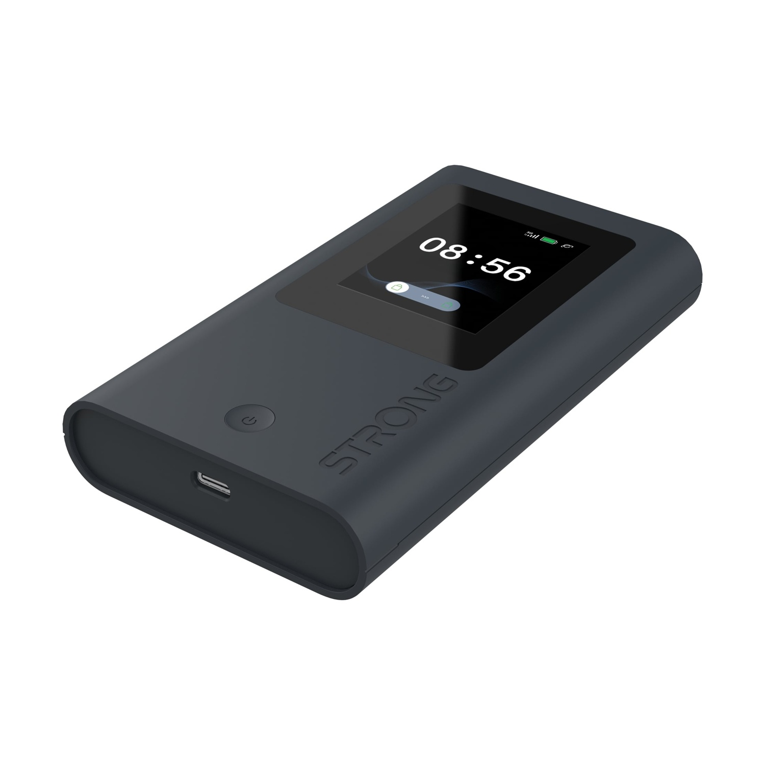 Un modem portatile Strong grigio scuro con un display che mostra 08:56. Ha un pulsante di accensione, una porta USB e il logo Strong.