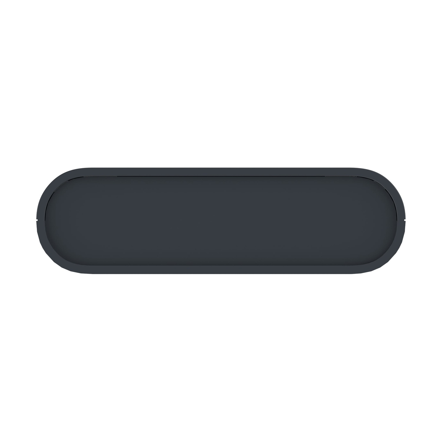 Un oggetto oblungo grigio scuro con estremità arrotondate è centrato su uno sfondo bianco. Sembra un pulsante o un elemento di design.