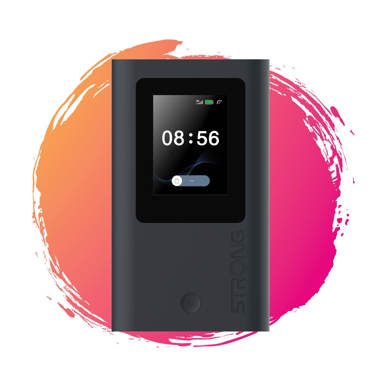 Un router portatile nero con schermo che mostra 08:56. Il dispositivo è su uno sfondo colorato arancione e rosa.