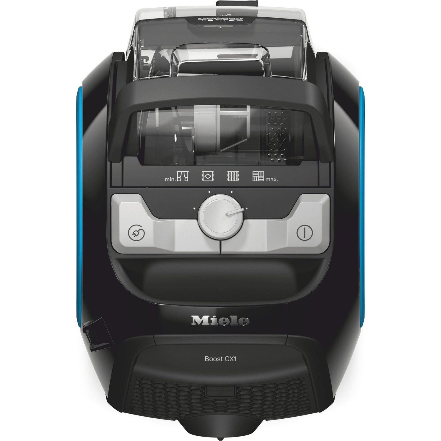 Black Miele Boost CX1 vacuum cleaner. Features a transparent dust container, buttons, a dial, and blue accents. The Miele logo is visible.