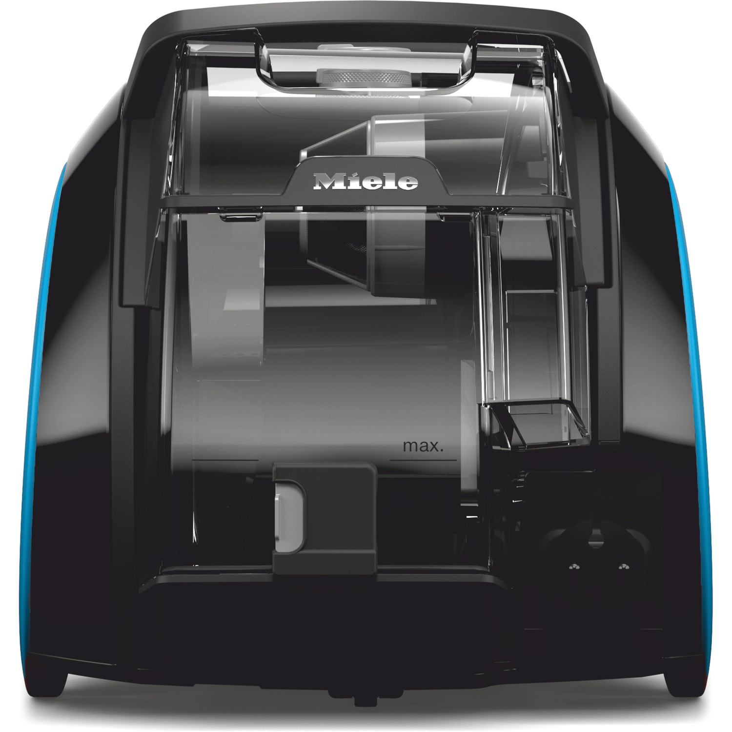 A Miele vacuum cleaner, black with blue accents. Transparent dust chamber. The word Miele is visible.