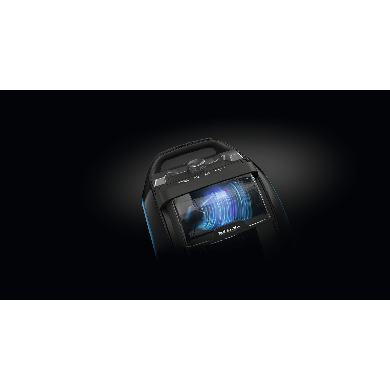 A black Miele vacuum cleaner. The transparent part shows a swirling blue light. The background is dark.