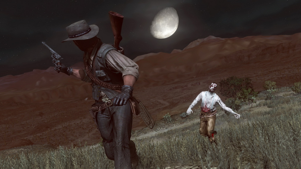 Un vaquero con una pistola se enfrenta a un zombi por la noche. Una luna llena y un paisaje desértico en el fondo.