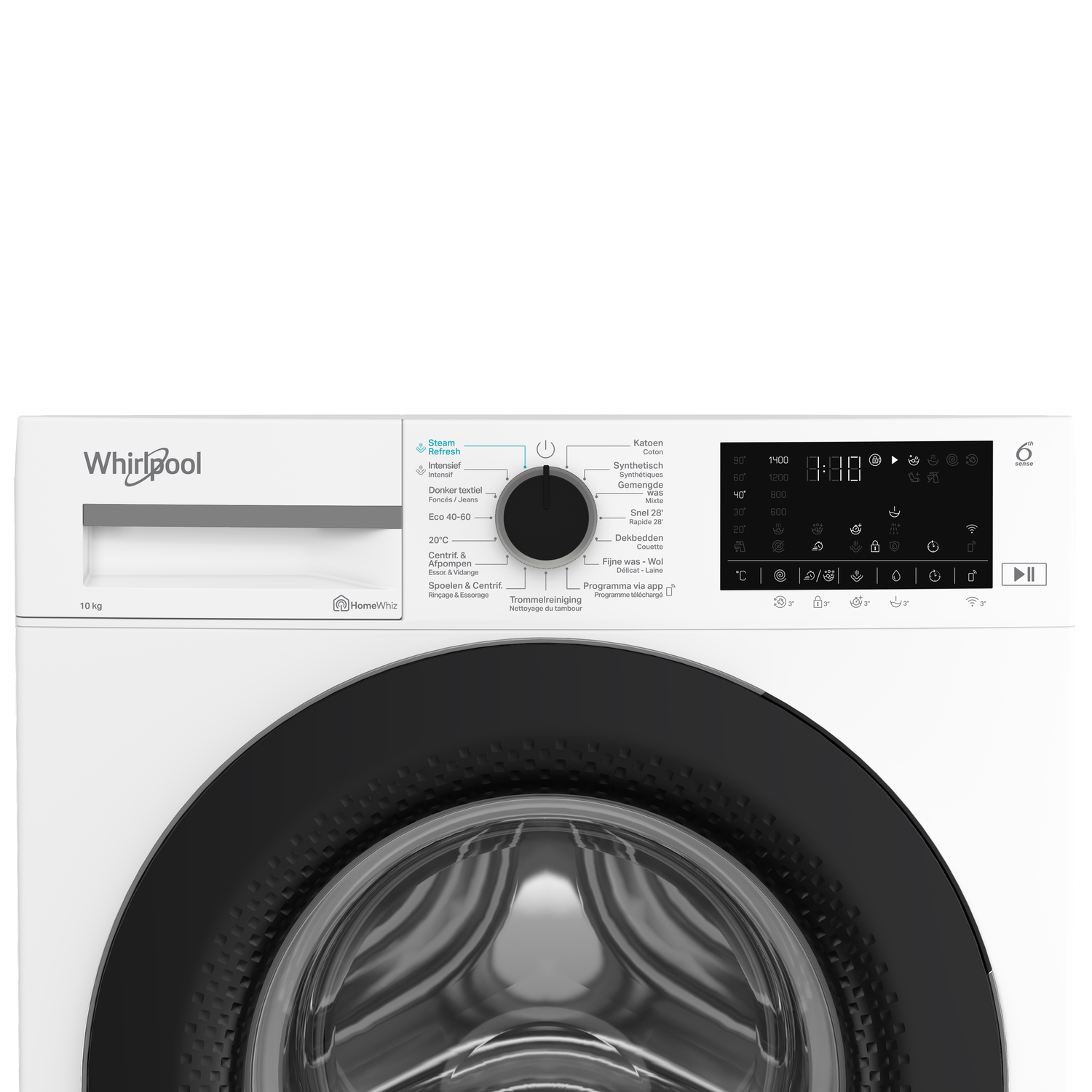 Een witte Whirlpool wasmachine met een zwarte deur. Hij heeft een bedieningspaneel en een digitaal display.