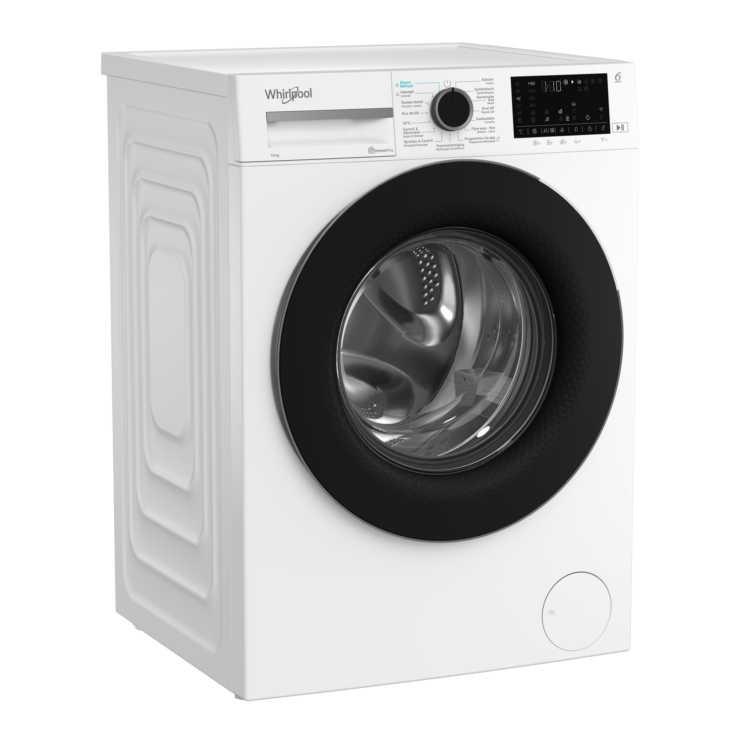 Een witte Whirlpool wasmachine. Hij heeft een zwarte deur en bedieningspaneel. De trommel is zichtbaar door het glas.