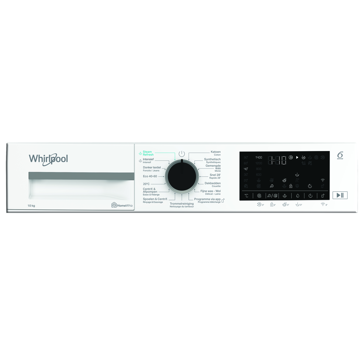 Een wit bedieningspaneel van een Whirlpool wasmachine. Het heeft knoppen, een display en een draaiknop voor wasprogramma's.