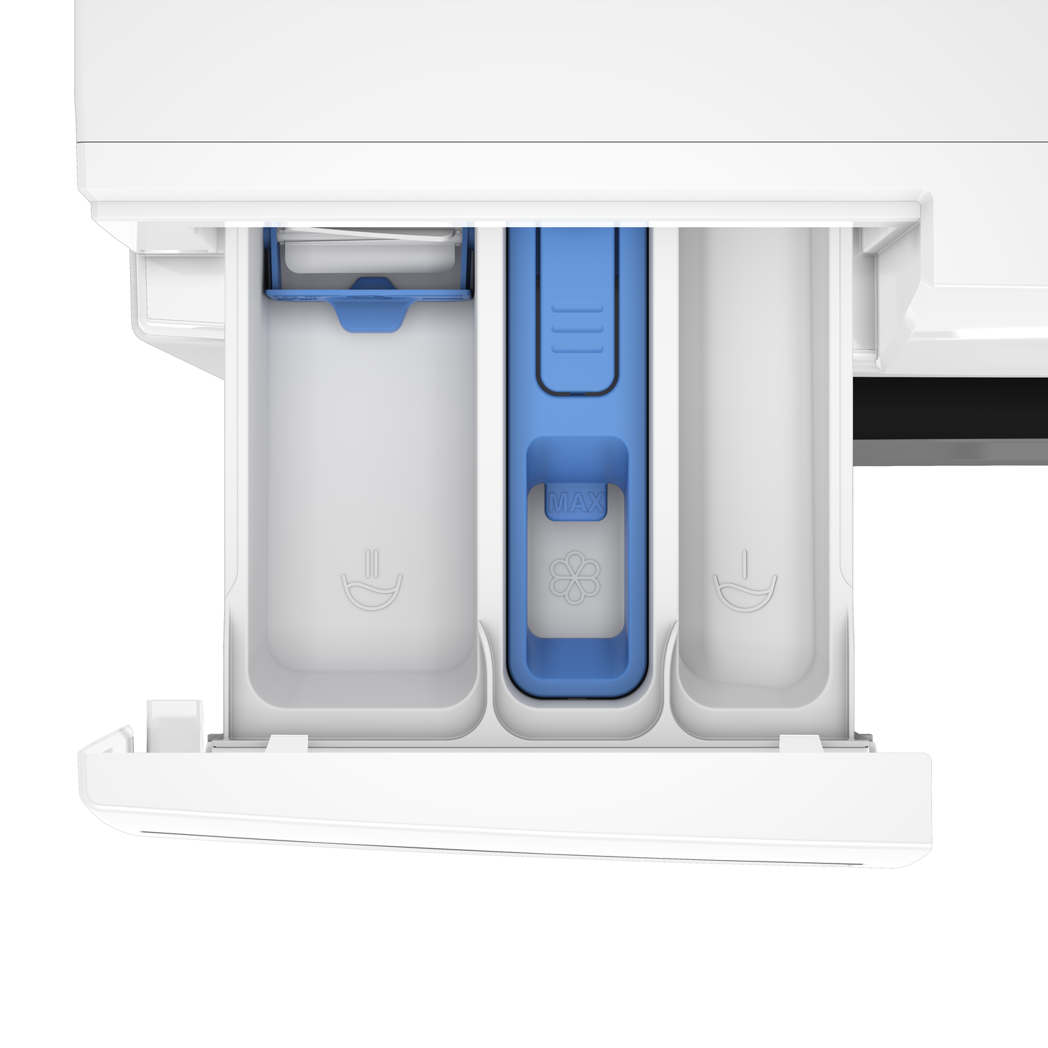 Close-up van de wasmiddellade van een wasmachine. Het heeft drie compartimenten: voorwas, wasmiddel en wasverzachter.