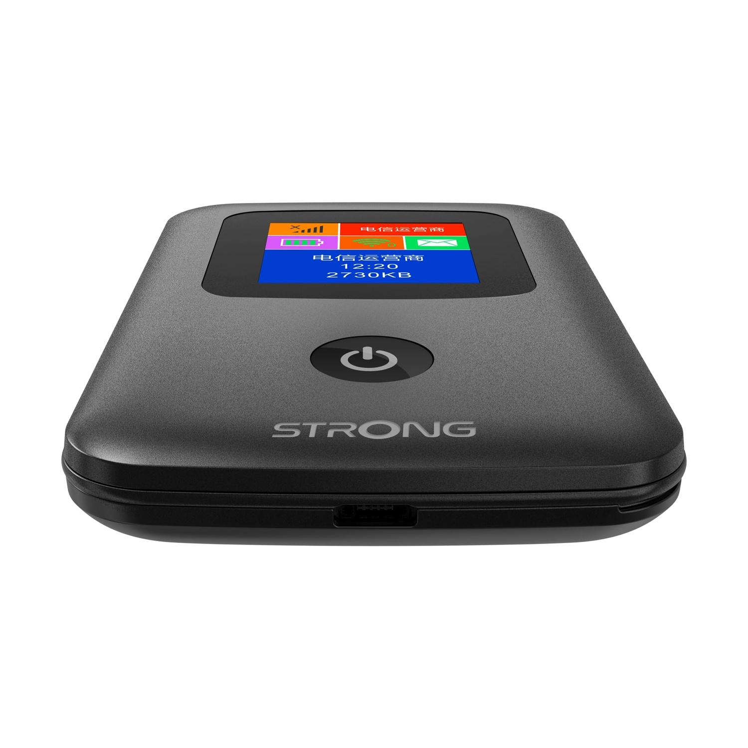 Viene visualizzato un dispositivo WiFi Strong nero. Ha uno schermo che mostra dati e il pulsante di accensione è visibile. Lo sfondo è bianco.
