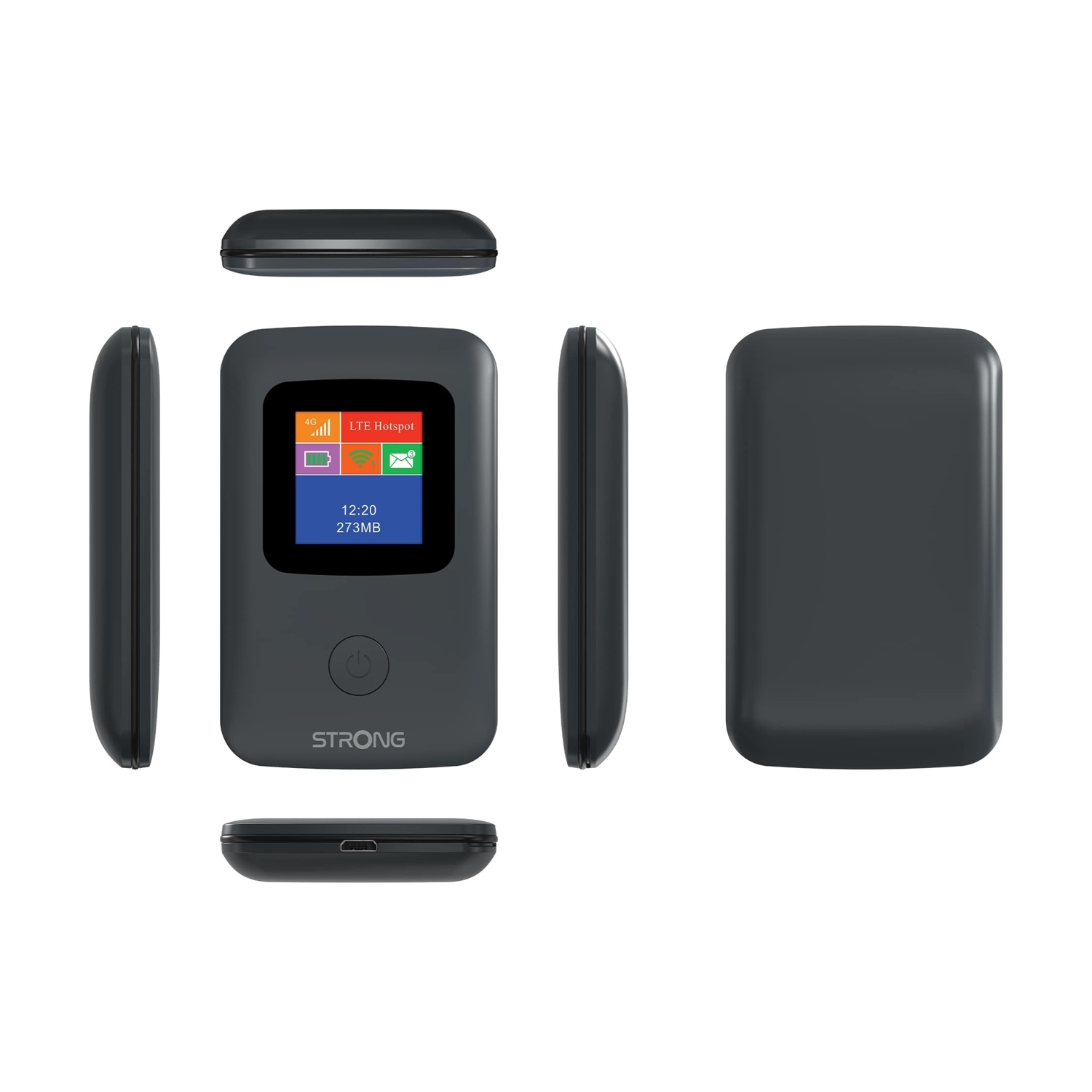Un dispositivo hotspot LTE Strong grigio scuro, con schermo che mostra icone di segnale, batteria e messaggi, ora e utilizzo dati.