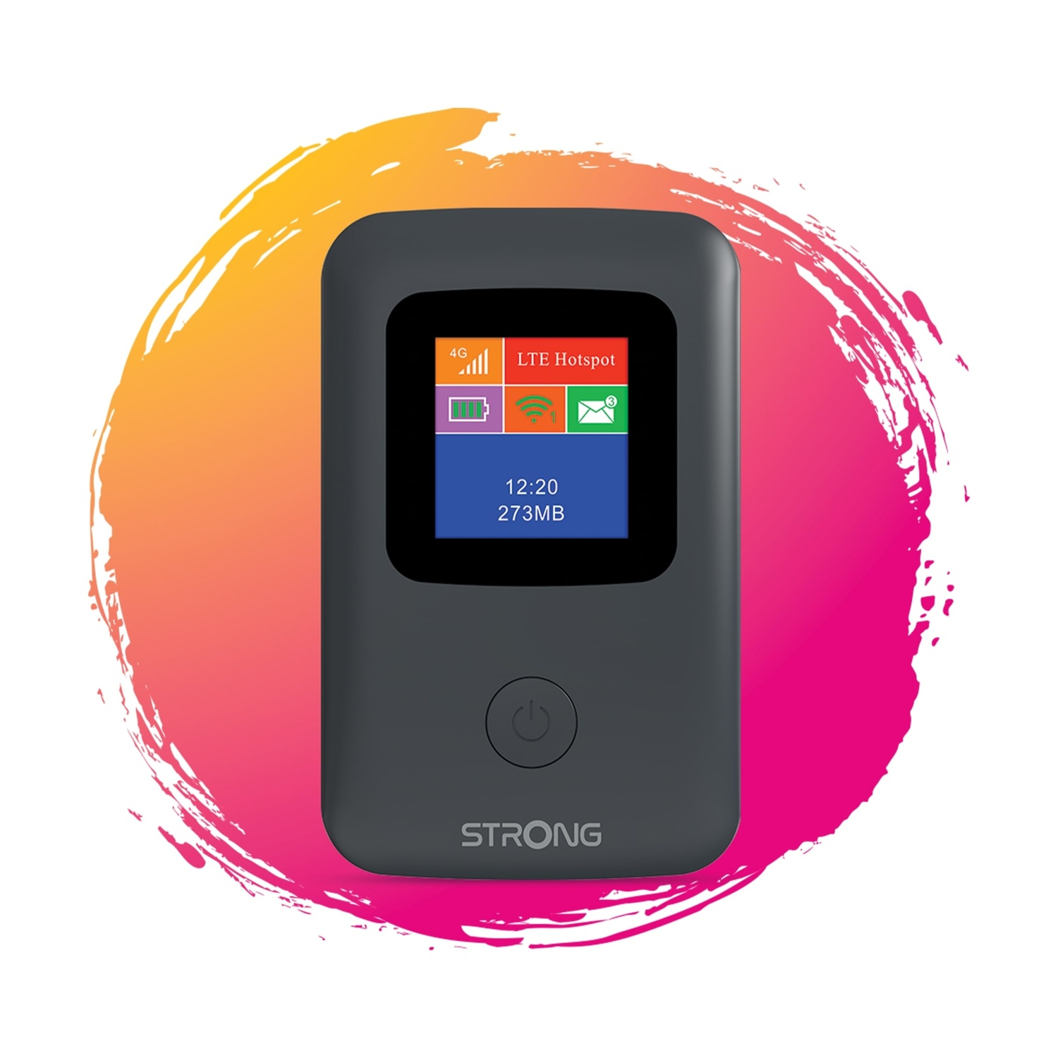 Un dispositivo hotspot mobile nero con uno schermo che mostra le informazioni di rete. Si trova su uno sfondo colorato arancione e rosa.