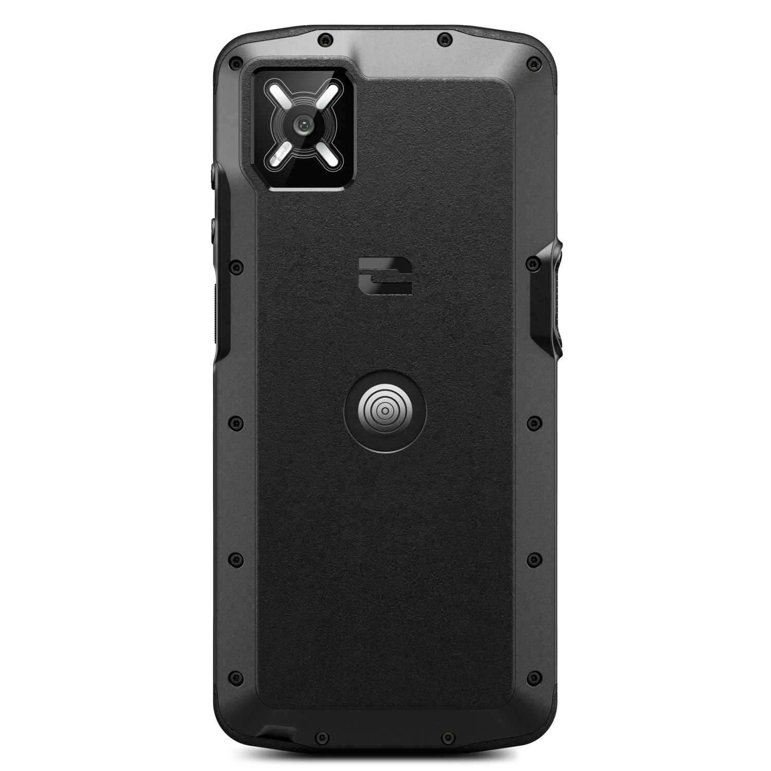 Back of a rugged, black smartphone. Features a camera module, a logo, a button, and several screws on the frame, all against a white background.