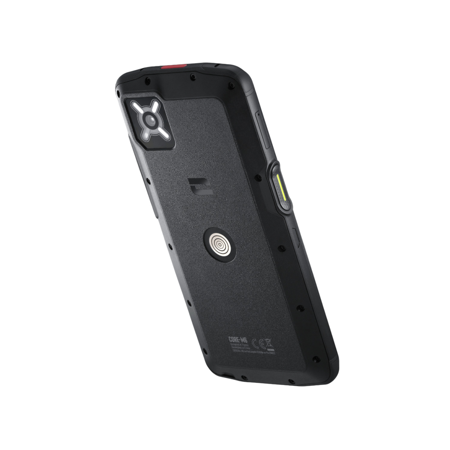 Black smartphone angled slightly. Features a camera, power button, and a textured back. The phone is labeled 'CORE-M6'.