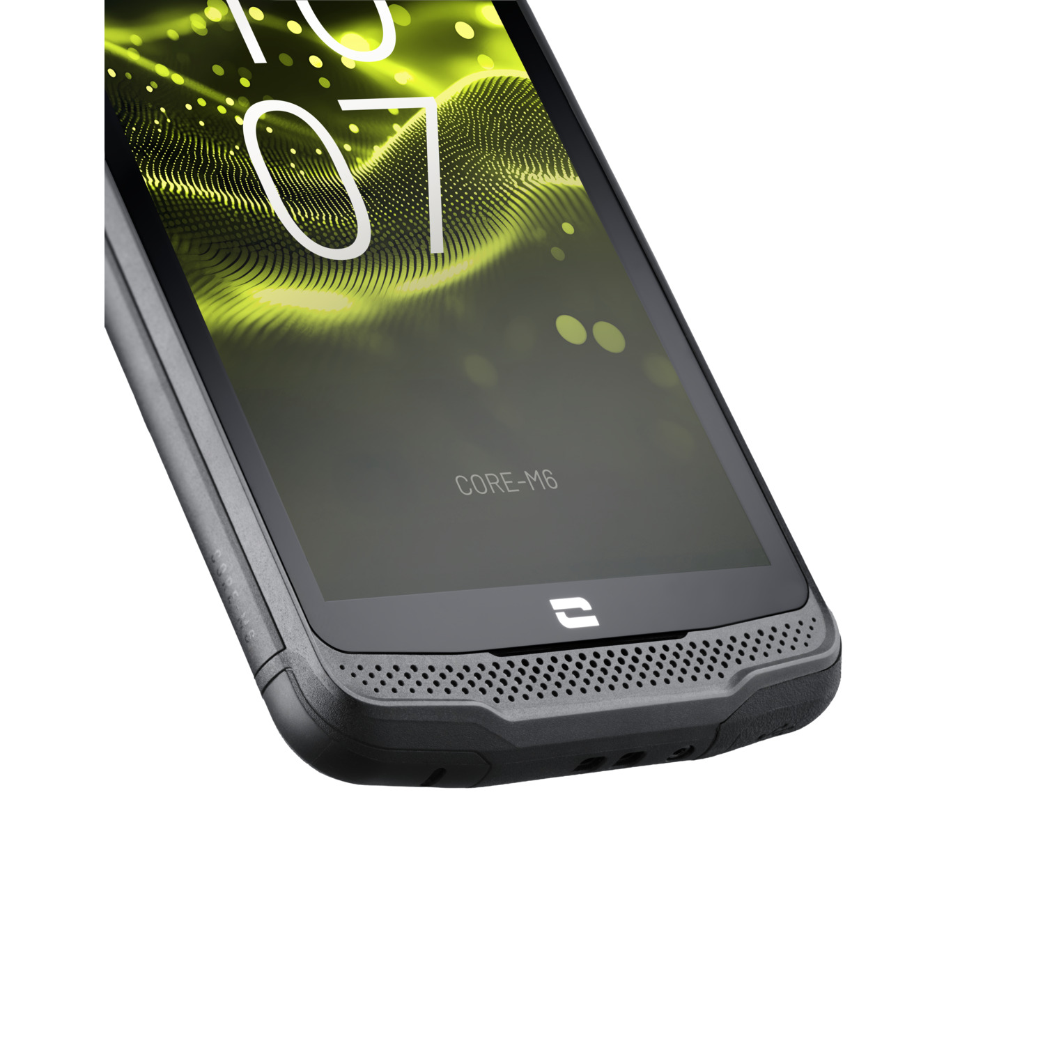 Close-up of a black smartphone. The screen displays a green abstract design with the numbers '10 07'. The phone's bottom has speaker holes.