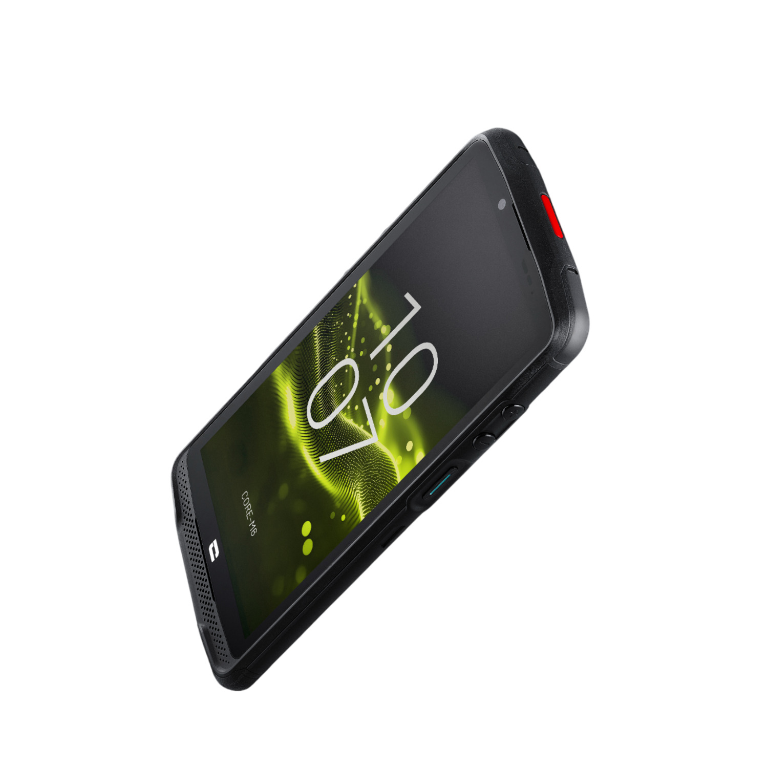 A black smartphone with a green and yellow screen displaying the time. The phone has a red button and is isolated on white.