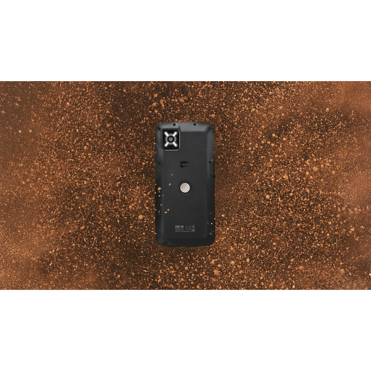 Black smartphone back on a brown, speckled background. Features a camera, circular button, and brand details. Rugged design.