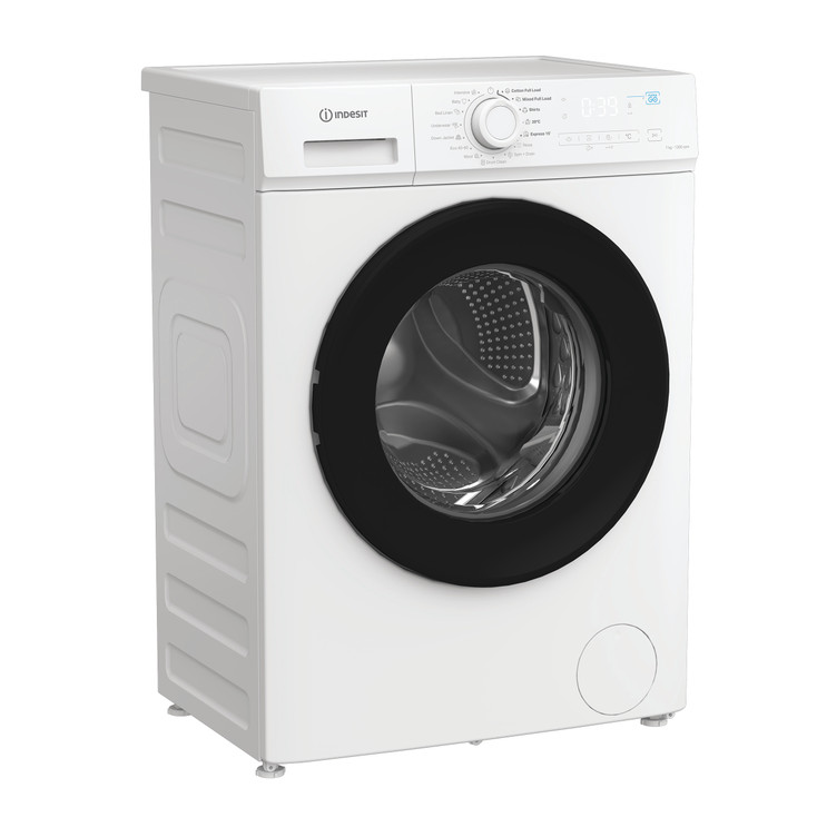 Egy fehér Indesit mosógép fekete ajtókerettel. Jellemzői közé tartozik a vezérlőpanel, a digitális kijelző és a kerek ajtó.