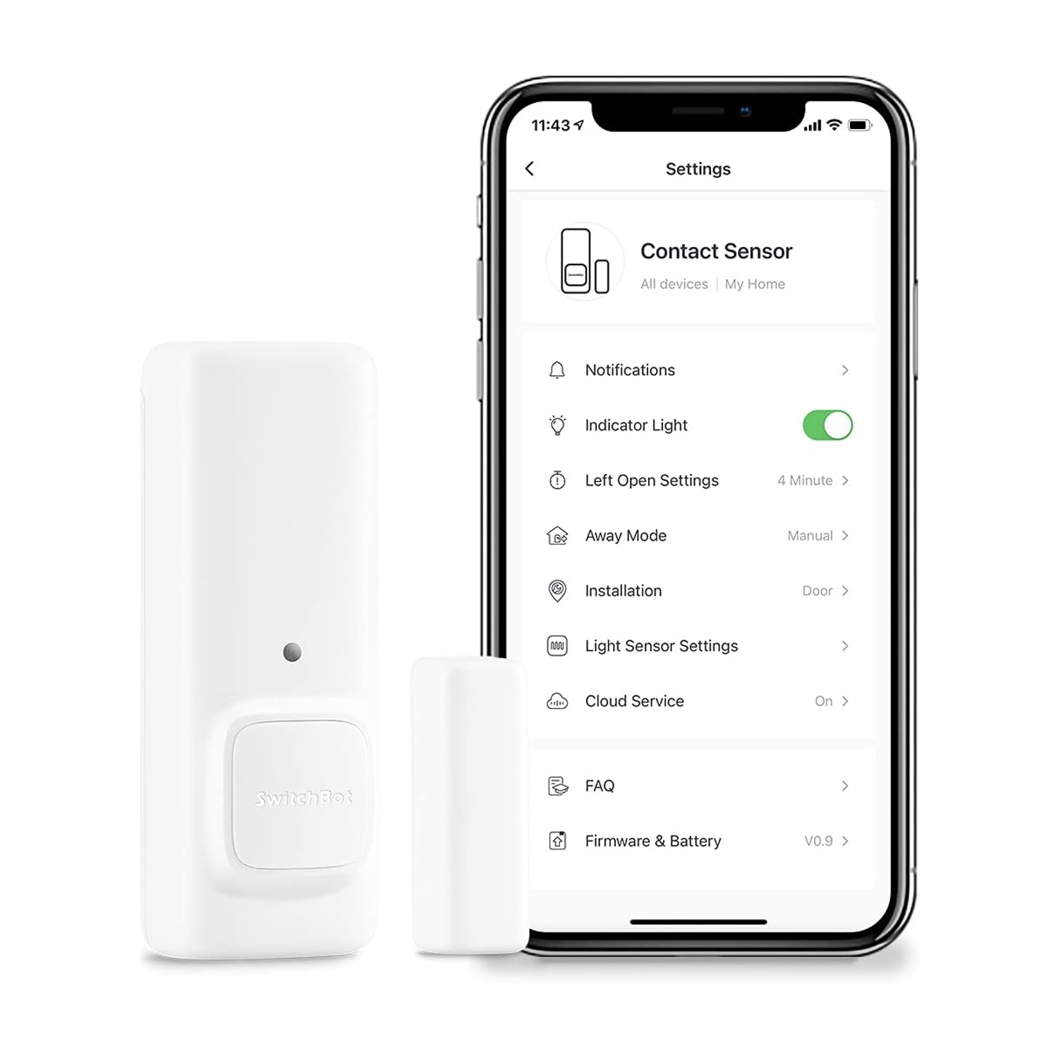 Un sensore di contatto SwitchBot bianco e le impostazioni del telefono. Il sensore e il telefono mostrano le impostazioni per le notifiche, la spia luminosa e altro.
