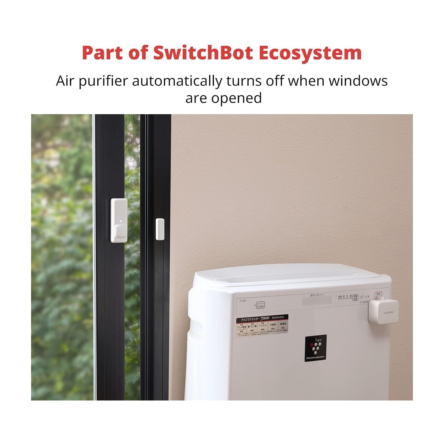 Un purificatore d'aria vicino a una finestra con un sensore. Il testo dice 'Parte dell'ecosistema SwitchBot'.