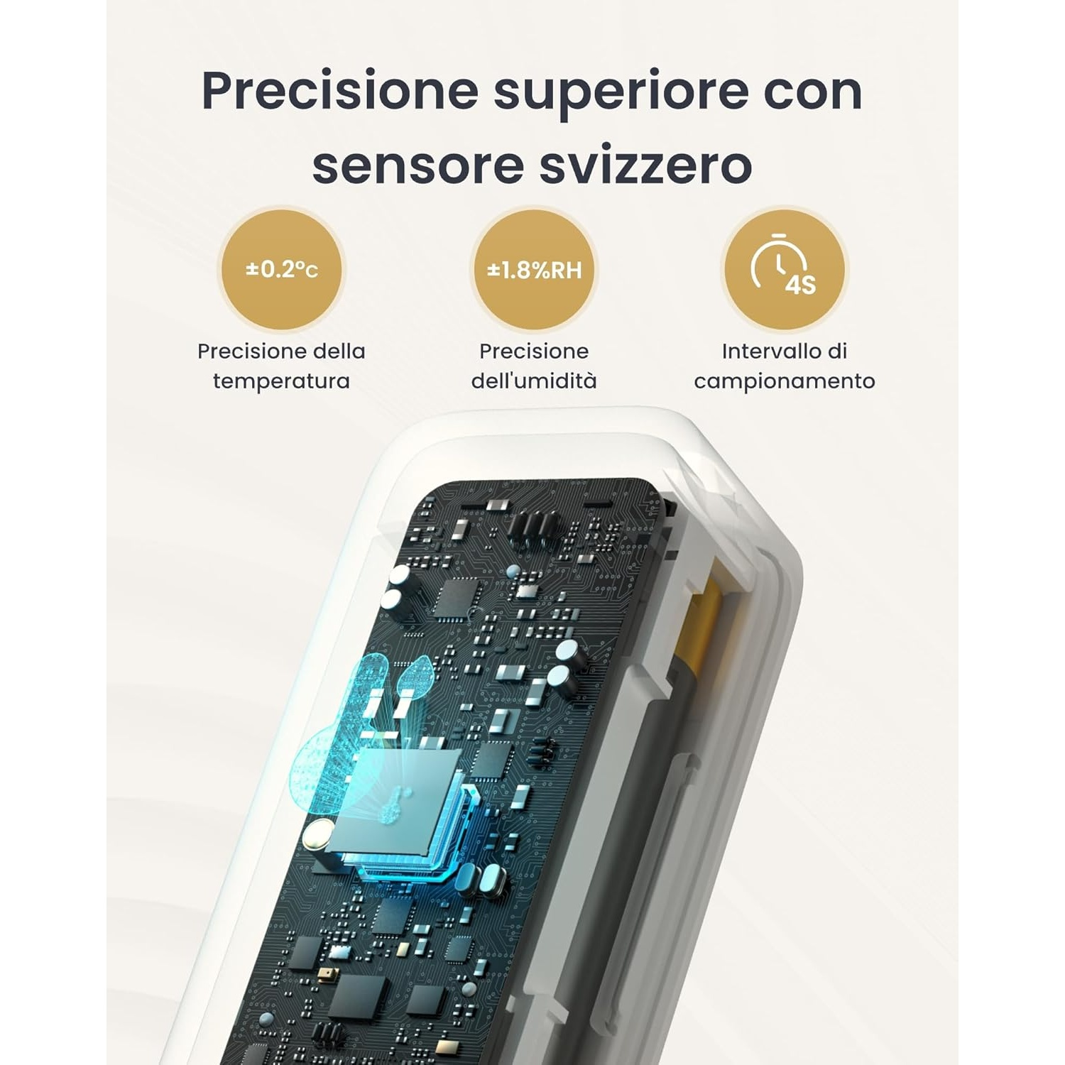 Un circuito stampato con testo sulla precisione. Il testo menziona temperatura, umidità e dettagli sull'intervallo di campionamento.