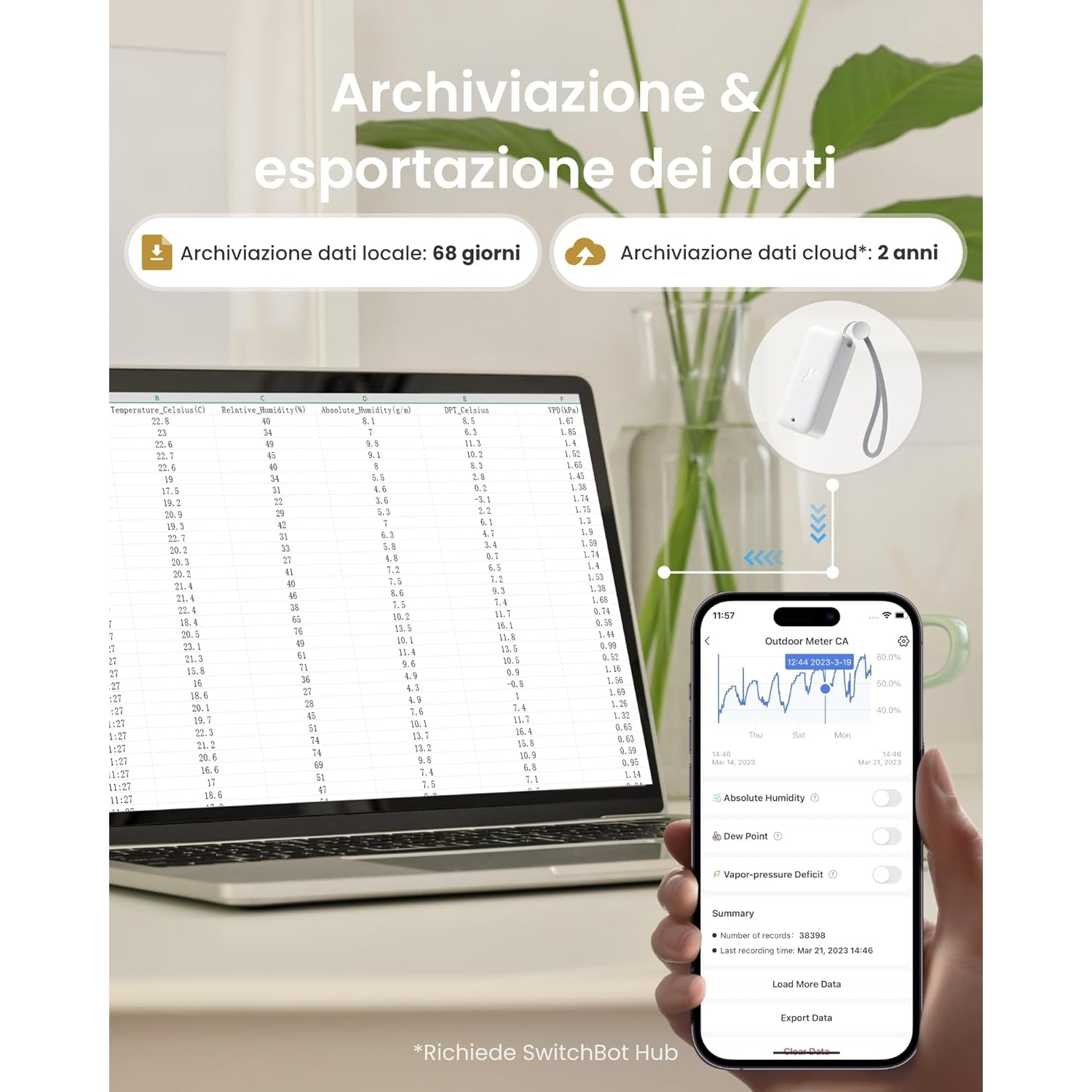 Un telefono mostra grafici e dati. Un dispositivo bianco è a destra. Il testo recita 'Archiviazione dati'.