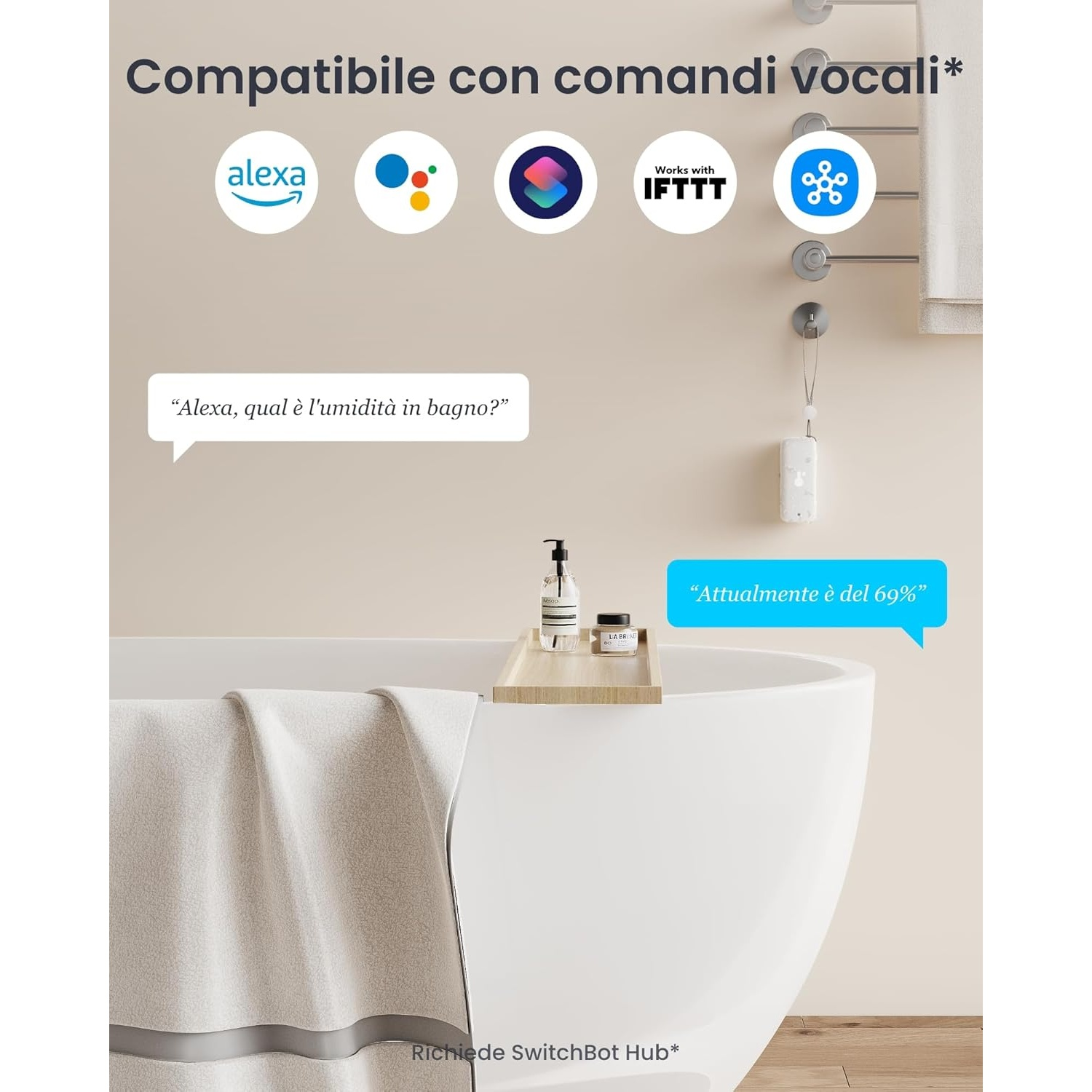 Scena di bagno con vasca, asciugamano e icone di domotica. La nuvoletta dice: 'Alexa, qual è l'umidità?'