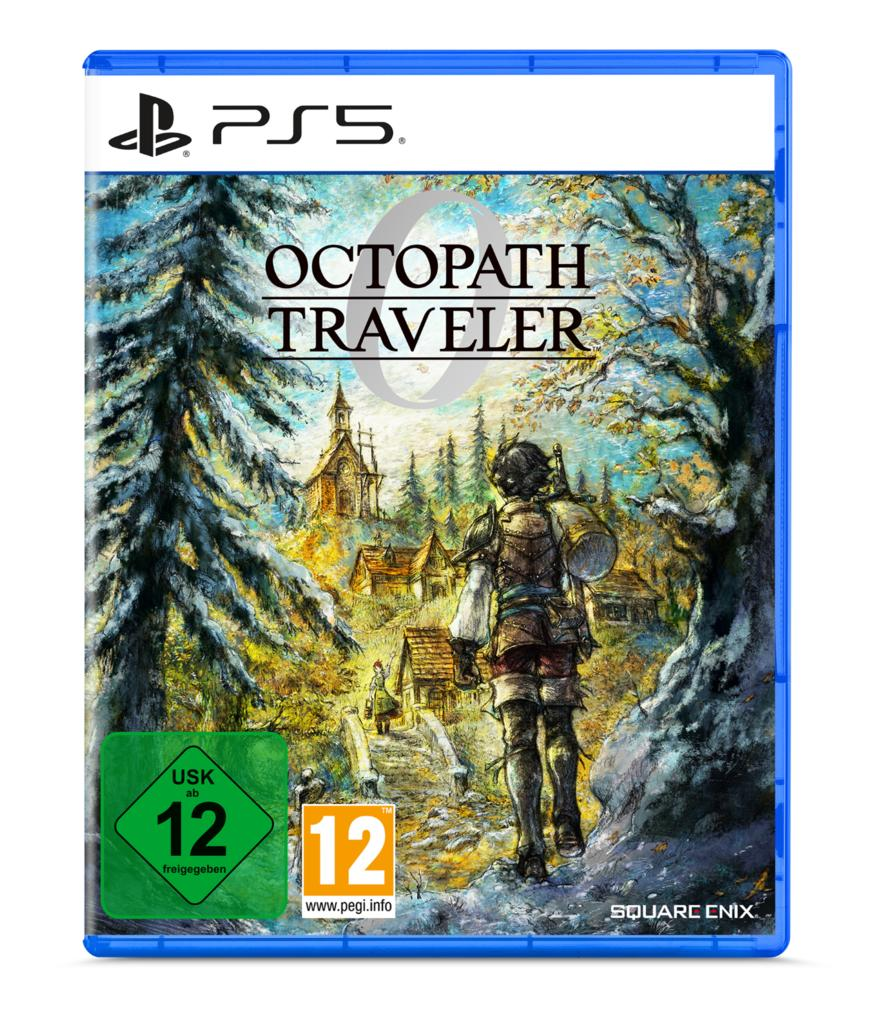Spielbox-Art für Octopath Traveler auf PS5. Zeigt eine Figur, die auf einem Pfad auf ein Dorf zugeht, mit einem Wald im Hintergrund.