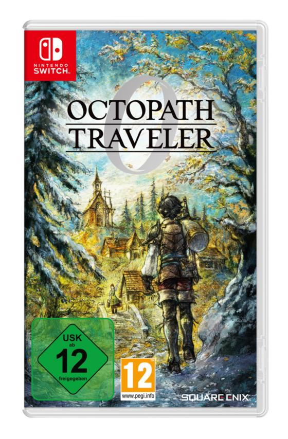 Octopath Traveler-Spielcover. Eine Figur mit Rucksack geht auf ein Dorf zu, Bäume rahmen die Szene ein. Nintendo Switch-Logo.
