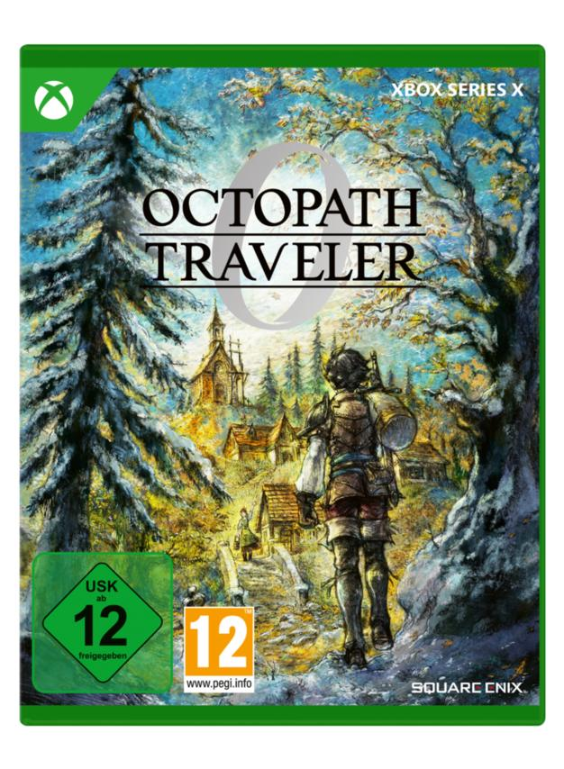 Spielcover von Octopath Traveler. Eine Figur steht vor einem Dorf. Der Titel des Spiels ist zentriert. Bewertungsinformationen sind vorhanden.
