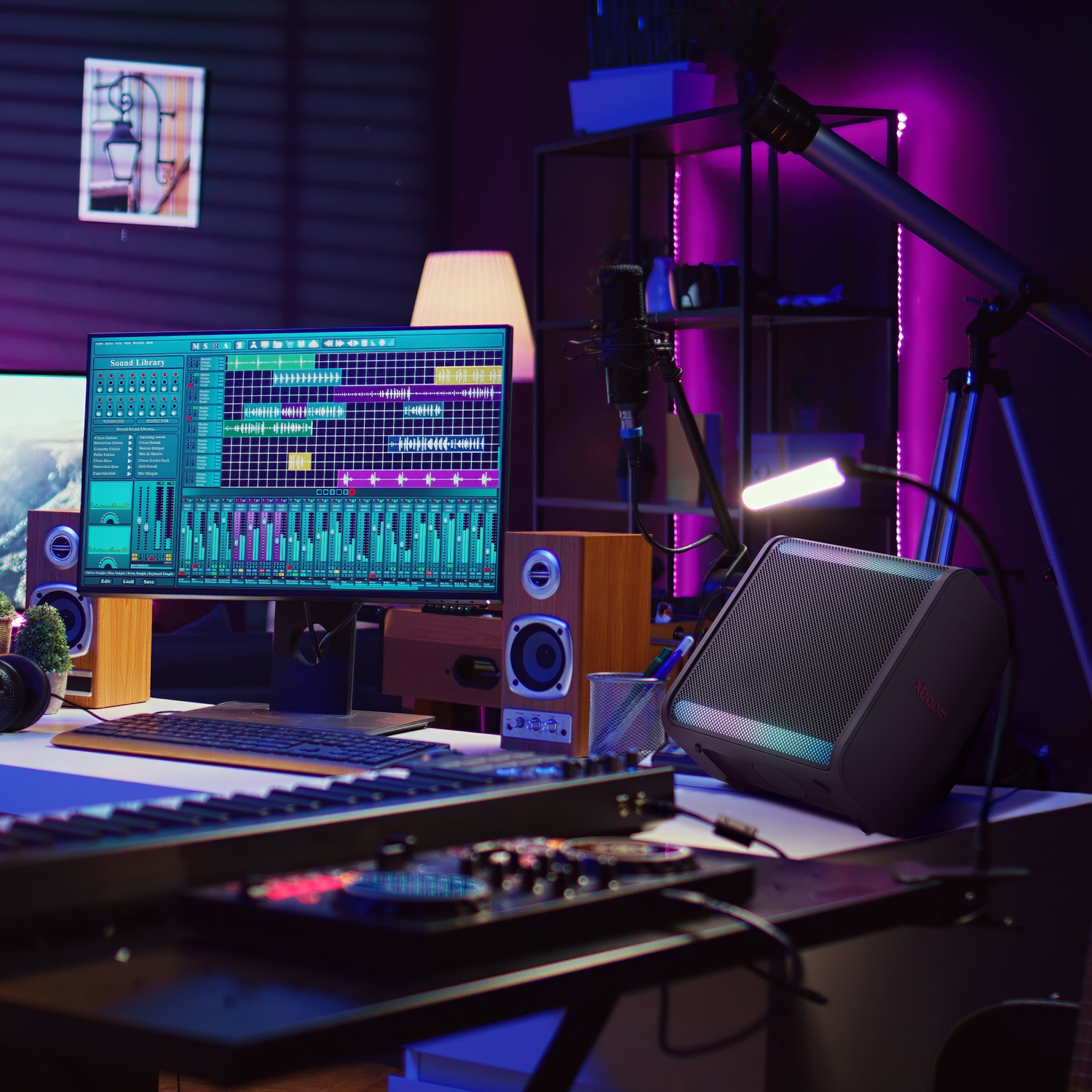 Configurazione di uno studio musicale con computer che mostra software di editing audio, altoparlanti, microfono, tastiera e un altoparlante nero.
