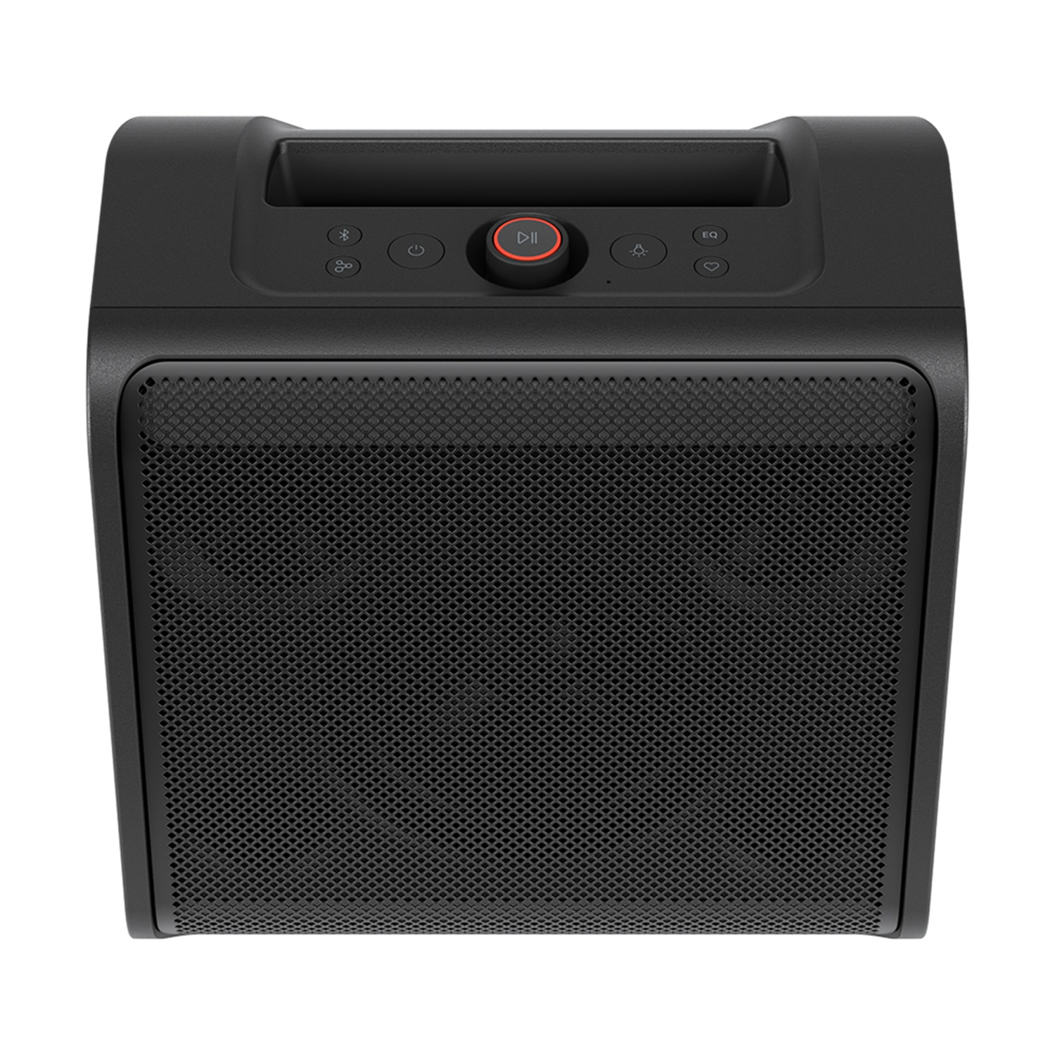 Un altoparlante nero con parte anteriore a rete. Ha pulsanti di controllo sulla parte superiore, tra cui accensione/spegnimento, Bluetooth e riproduzione/pausa. Lo sfondo è bianco.