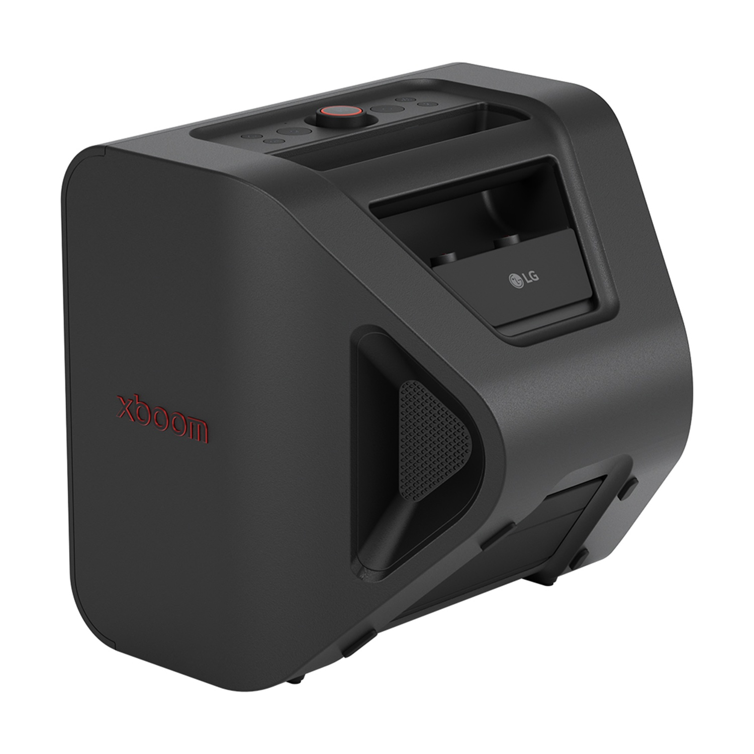 Altoparlante LG Xboom nero. Le caratteristiche includono pulsanti, una maniglia e il logo LG. Il logo Xboom è rosso.