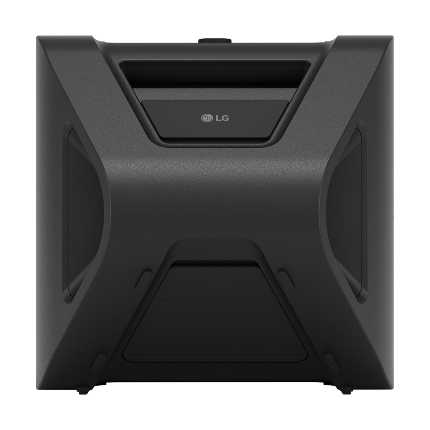 Altoparlante LG nero con maniglia e logo. Ha forma quadrata con bordi arrotondati e superficie strutturata.