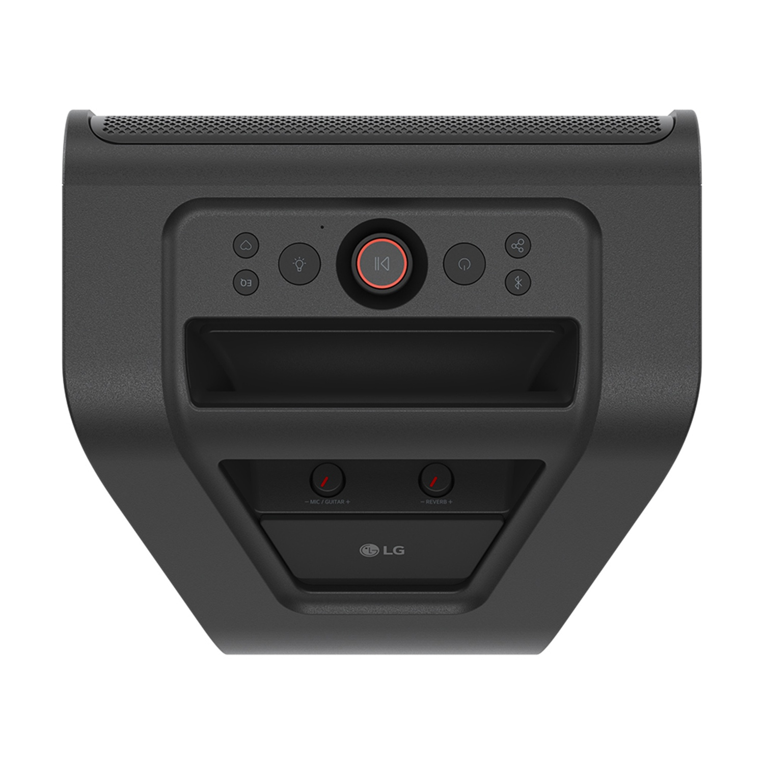 Altoparlante LG nero con pulsanti, tra cui riproduzione, EQ e Bluetooth. Ha una griglia per altoparlanti sopra e prese di ingresso.