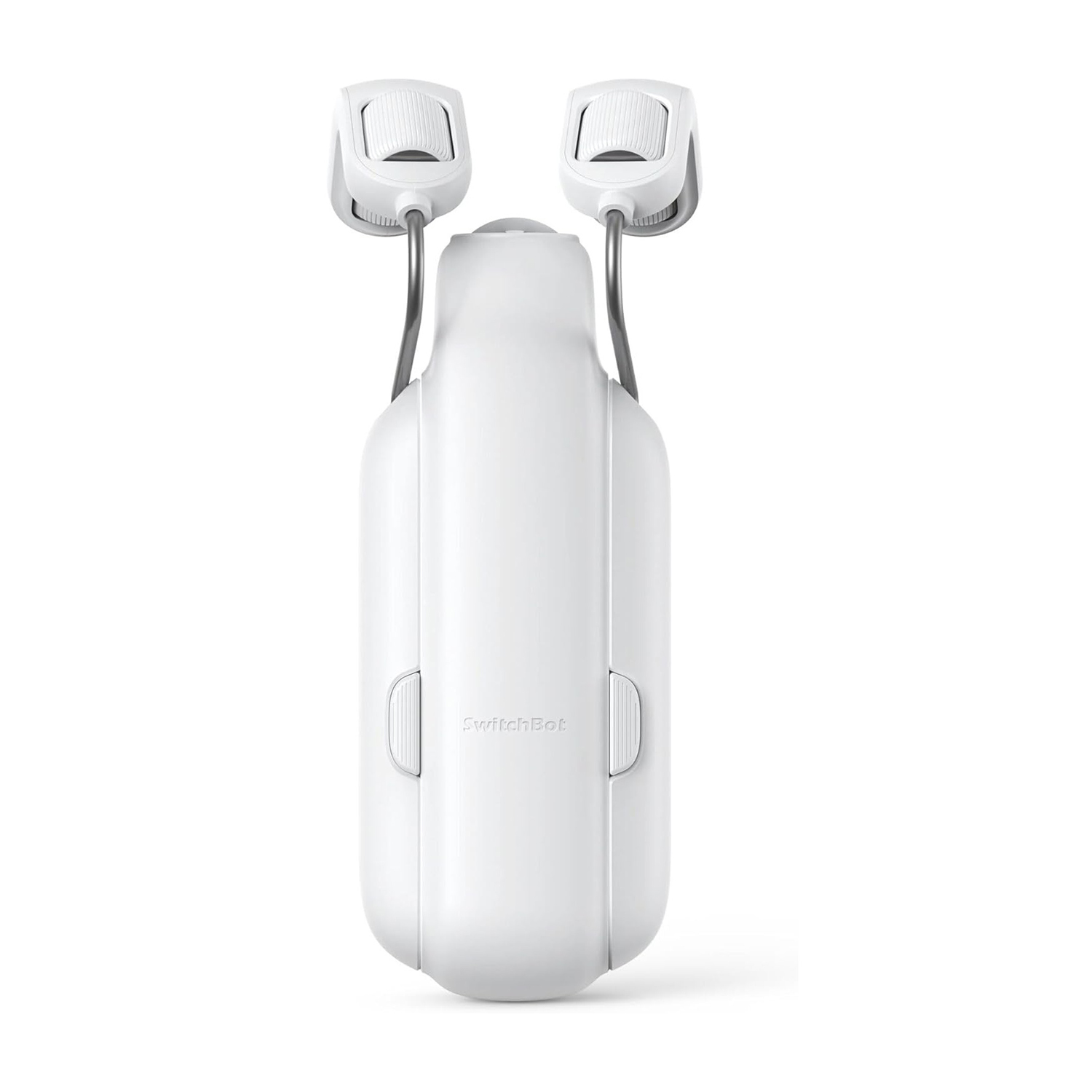 Un dispositivo SwitchBot bianco con due bracci superiori e un corpo centrale. I bracci hanno dei rulli. Il dispositivo è su sfondo bianco.