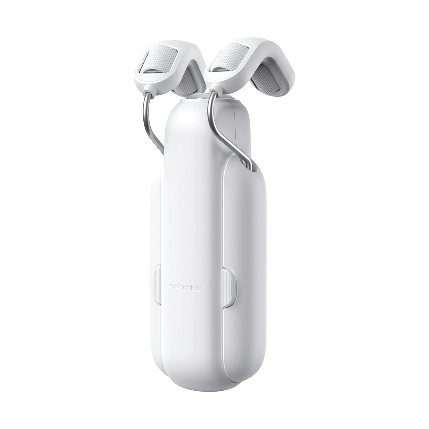 Un dispositivo SwitchBot bianco. Ha due bracci curvi sulla parte superiore e un corpo centrale. Il logo SwitchBot è visibile.