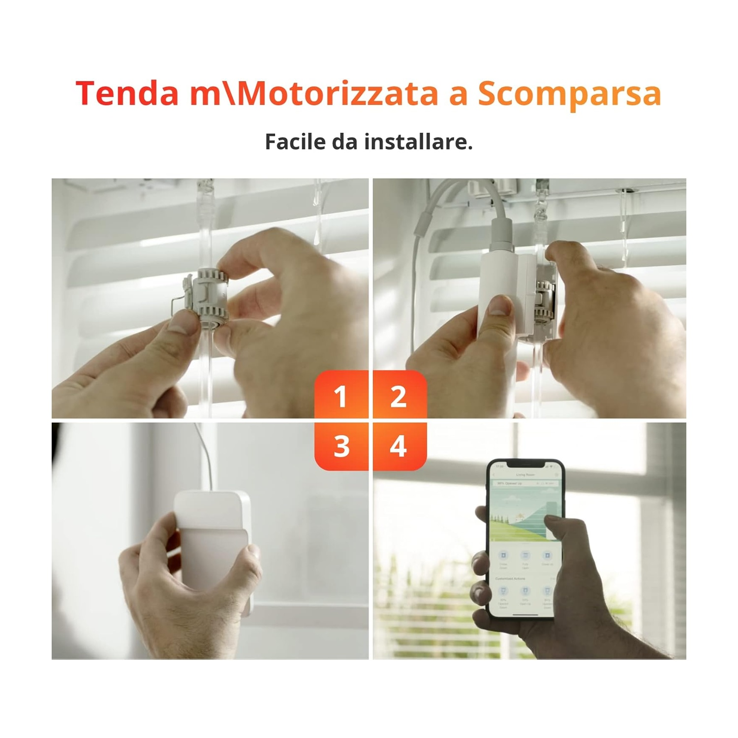Guida all'installazione per tende motorizzate. Mani che assemblano parti, collegano un dispositivo e usano un'app per smartphone.