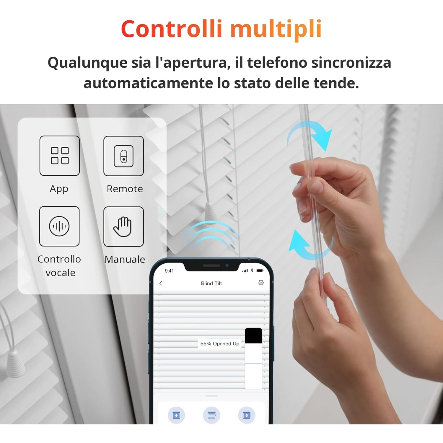 Una mano regola le tende tramite un'app per smartphone. Le icone delle app includono opzioni di controllo. Testo: Controlli multipli.