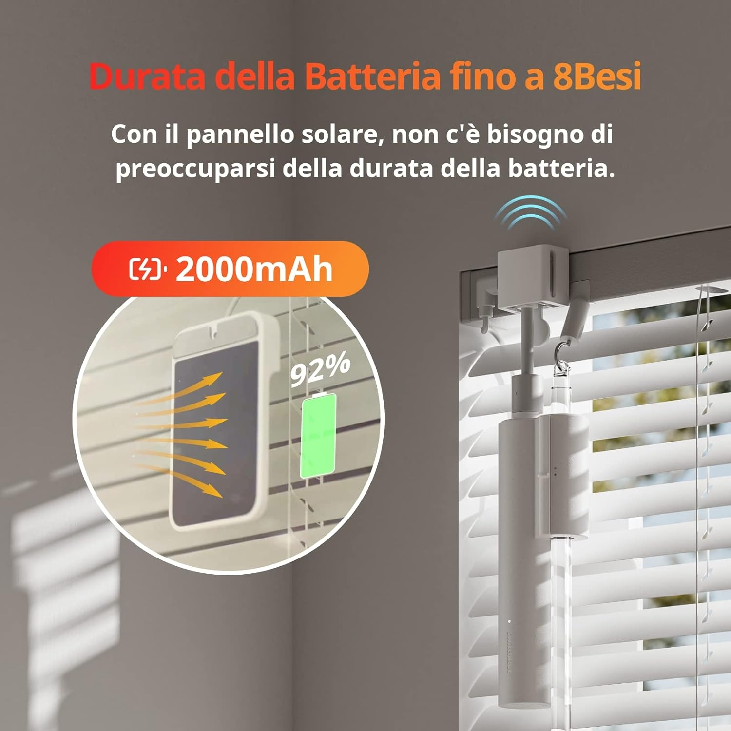 L'immagine mostra un dispositivo con un pannello solare in carica e un display della percentuale della batteria. Sono visibili anche le persiane e altri componenti del prodotto.