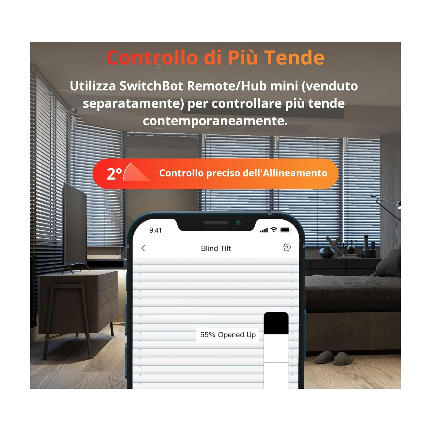 App per smartphone controlla le tende. Lo schermo mostra la funzione di inclinazione delle tende. Testo: 'Controllo di Più Tende'.
