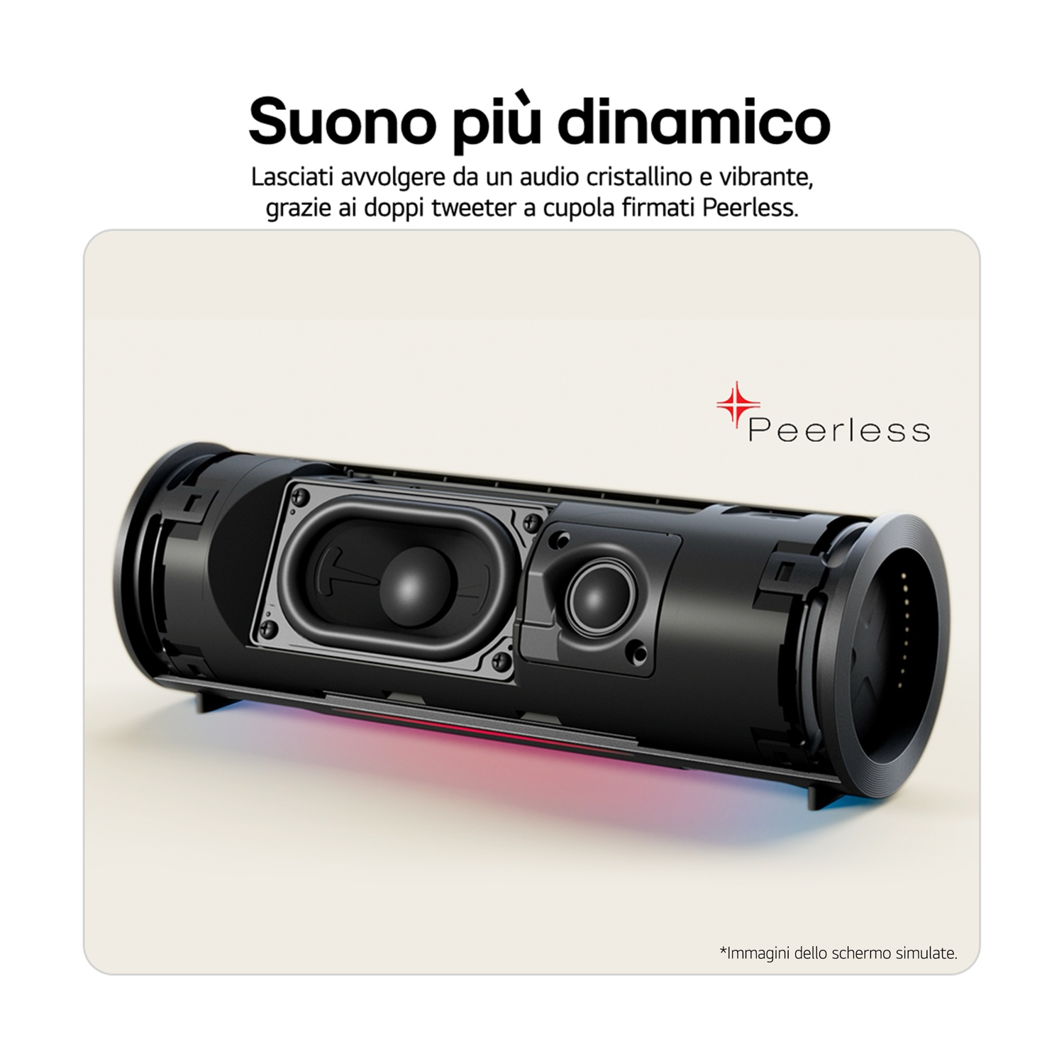 Altoparlante cilindrico nero con logo Peerless. Il testo sopra dice 'Suono più dinamico'. Luci rosse e blu brillano alla base.