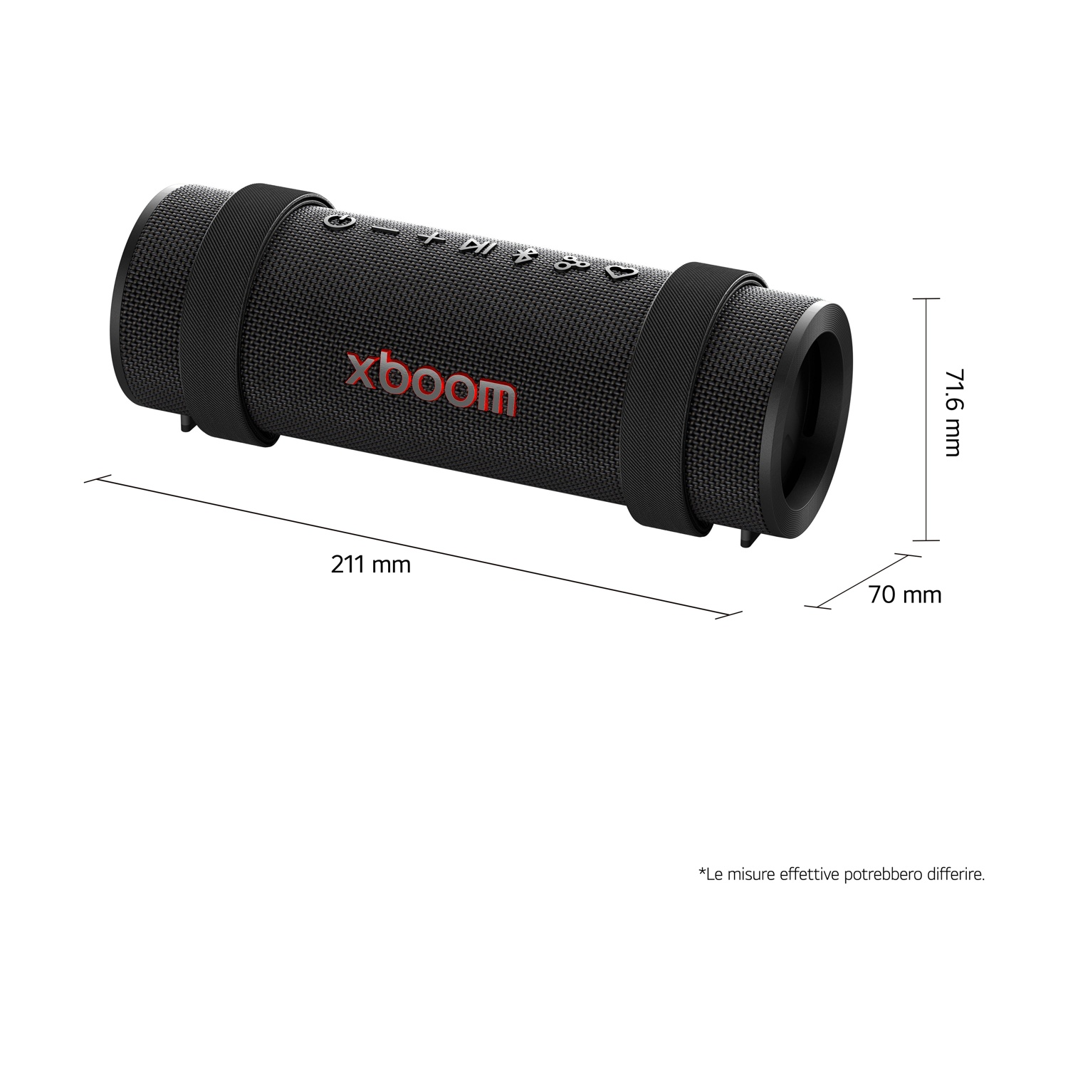 Altoparlante xboom nero. Le dimensioni sono 211 mm di lunghezza, 70 mm di larghezza e 71,6 mm di altezza. Il testo sull'altoparlante dice xboom.