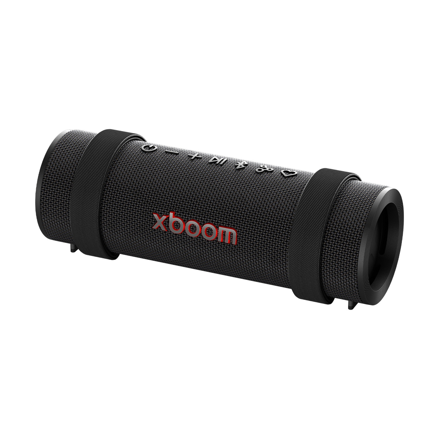 Un altoparlante cilindrico nero con testo rosso 'xboom', pulsanti di controllo e cinghie nere. Isolato su sfondo bianco.