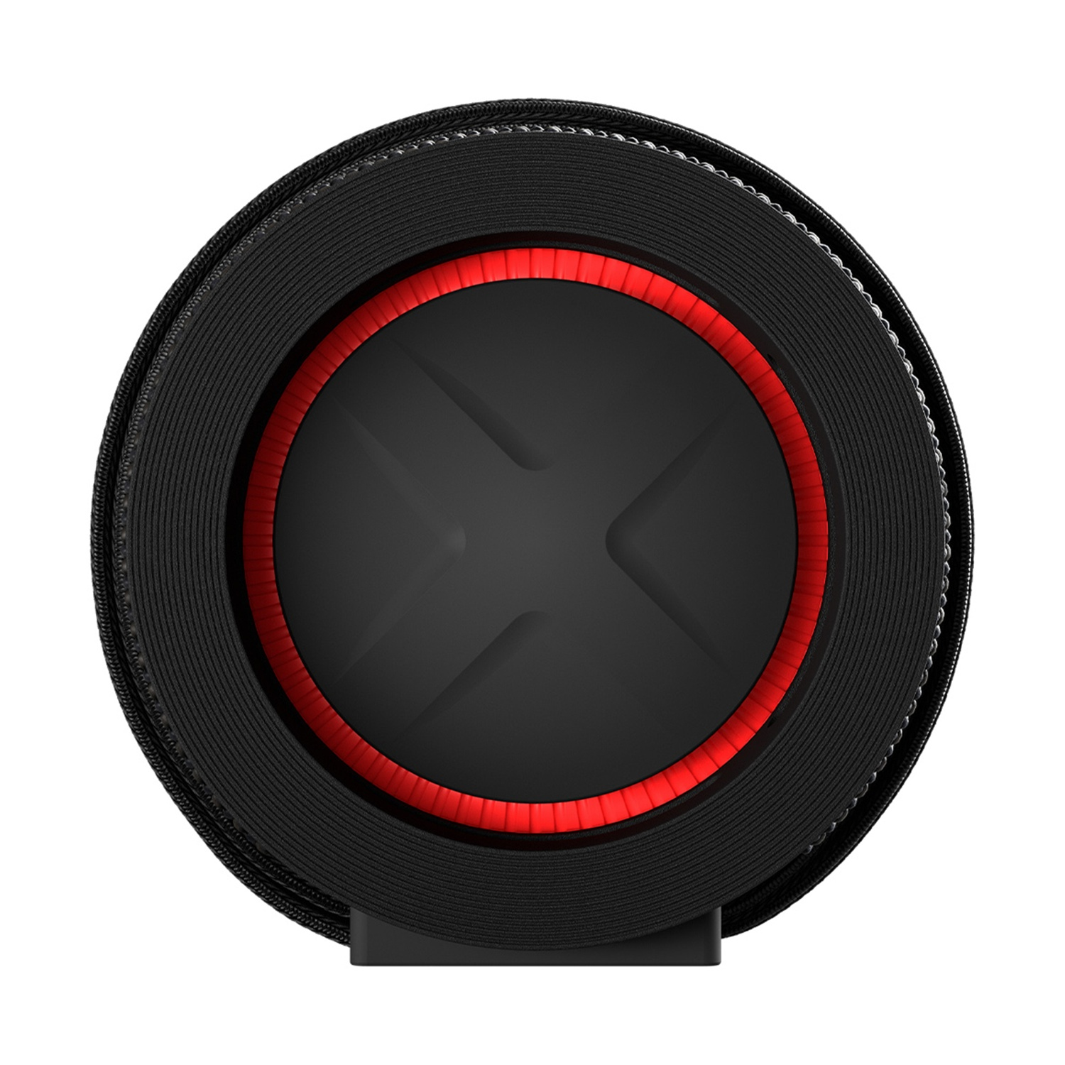 Altoparlante nero e rosso. Forma circolare con un anello rosso all'interno di un bordo nero. Centro nero con design a 'X'.